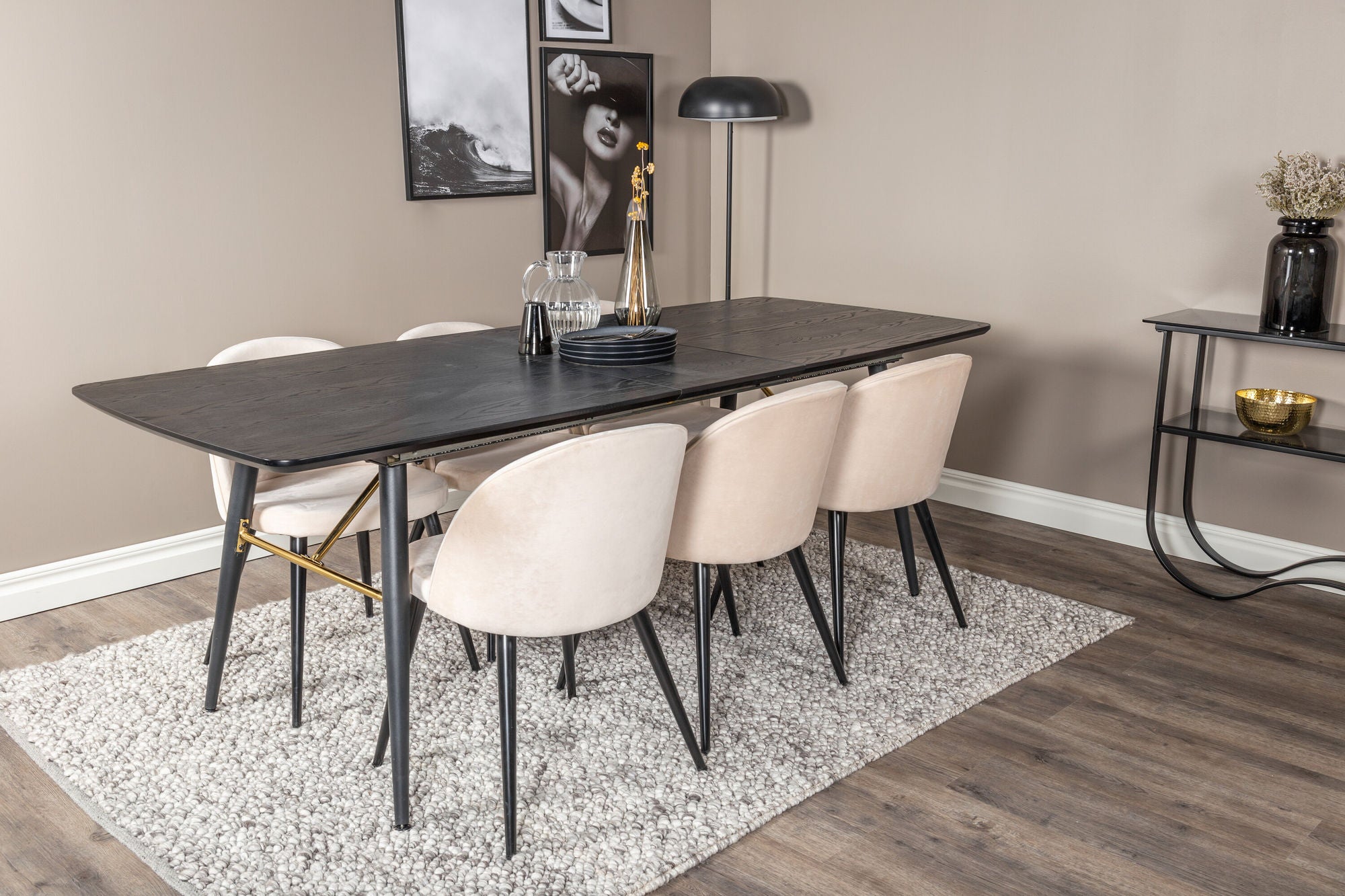 Venture Home Gold Extention bord - 180/220*85*H76 Black Veneer - Black legs - Brass details+Velvet Spisebordsstol - Beige / Black_6