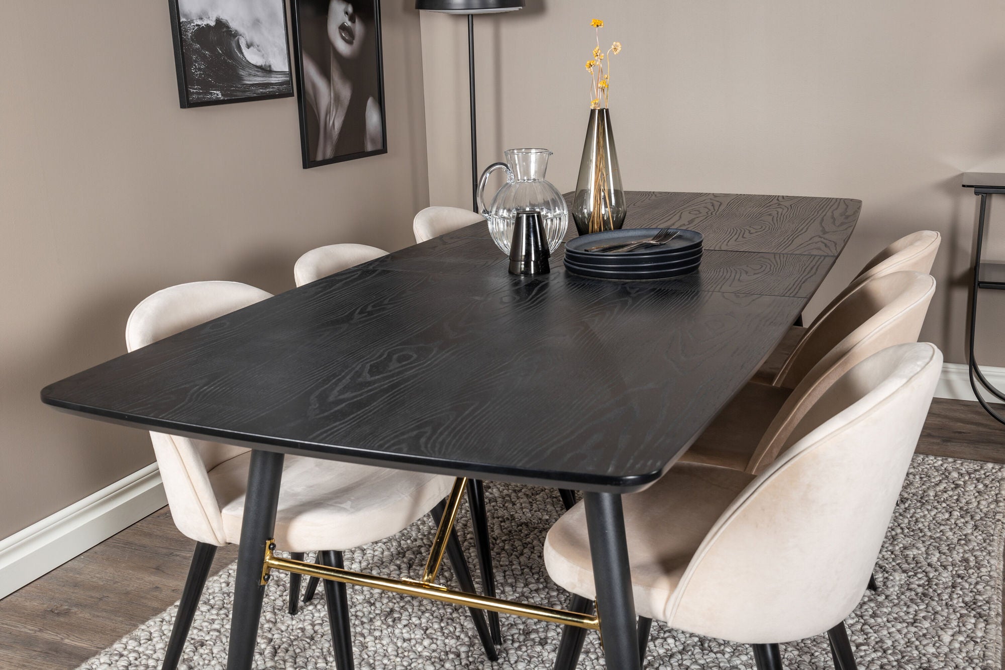 Venture Home Gold Extention bord - 180/220*85*H76 Black Veneer - Black legs - Brass details+Velvet Spisebordsstol - Beige / Black_6