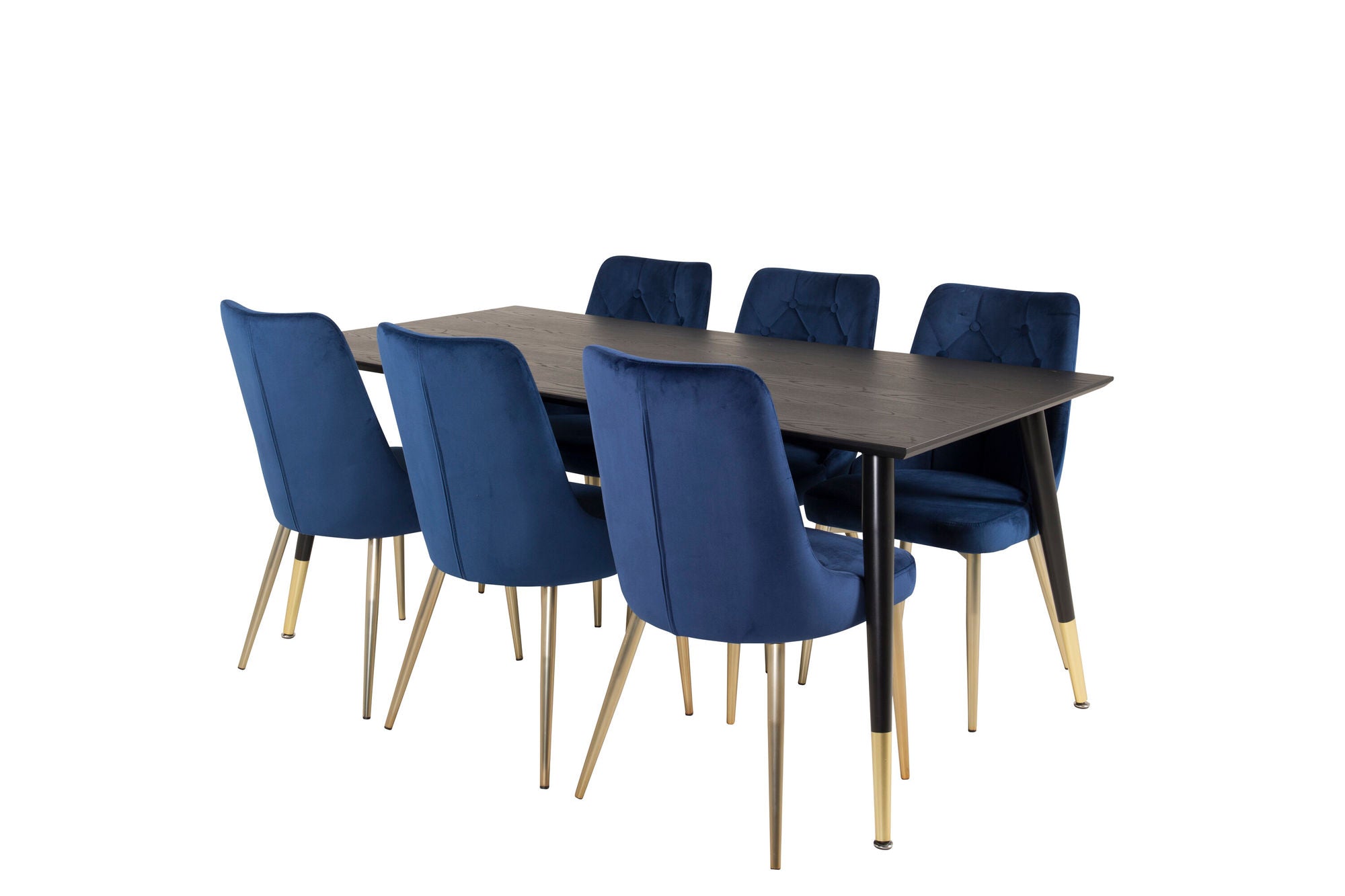 Venture Home Dipp spisebord - 180*90cm - Black Veneer / black legs w brass dipp - Velvet Deluxe stol - Blue/Matt Brass Leg 6