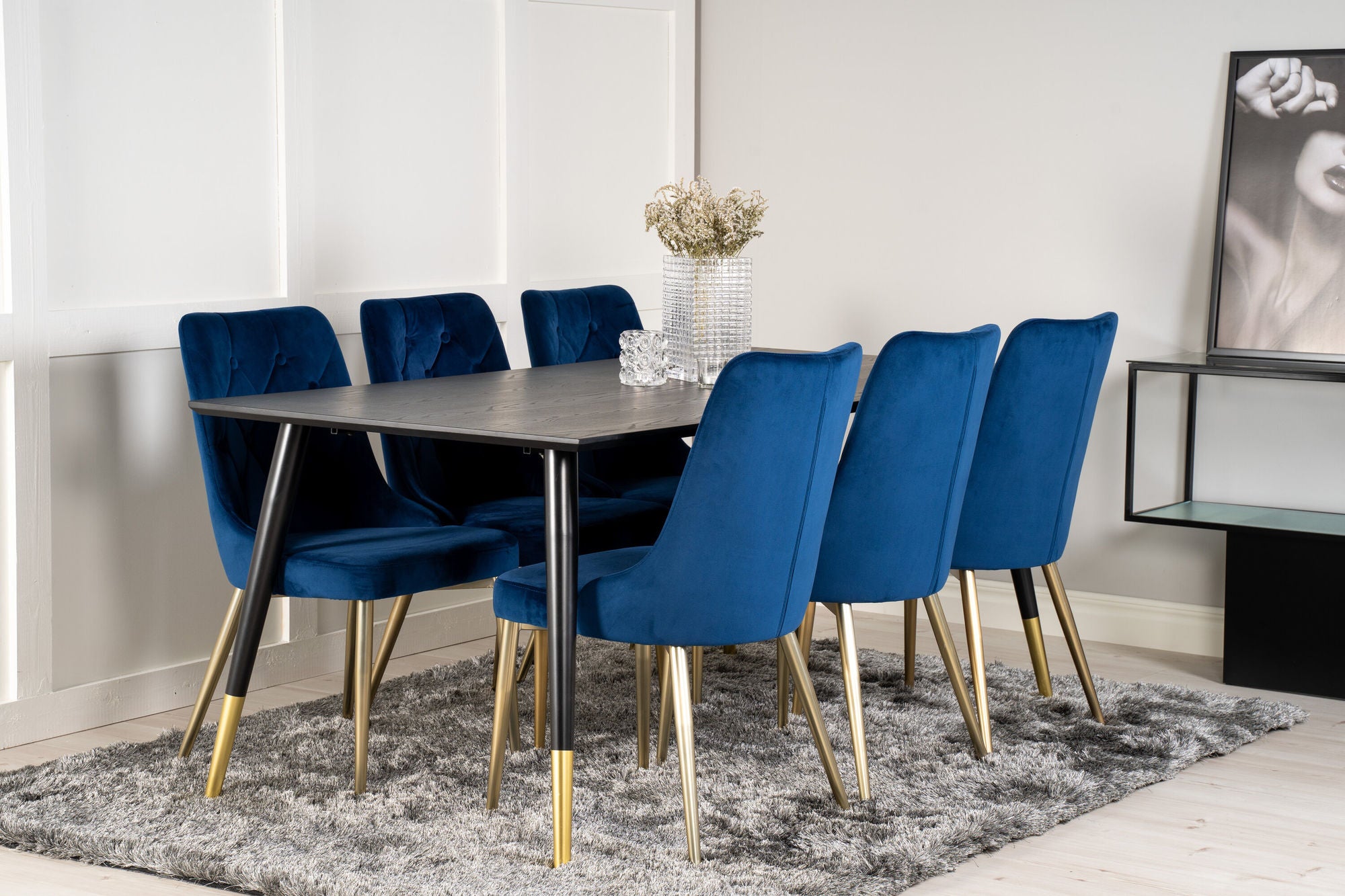 Venture Home Dipp spisebord - 180*90cm - Black Veneer / black legs w brass dipp - Velvet Deluxe stol - Blue/Matt Brass Leg 6