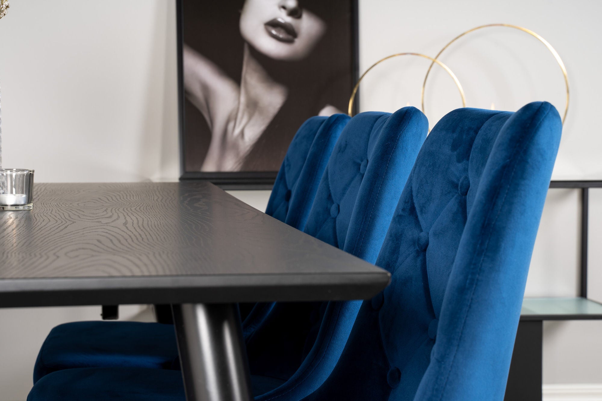 Venture Home Dipp spisebord - 180*90cm - Black Veneer / black legs w brass dipp - Velvet Deluxe stol - Blue/Matt Brass Leg 6