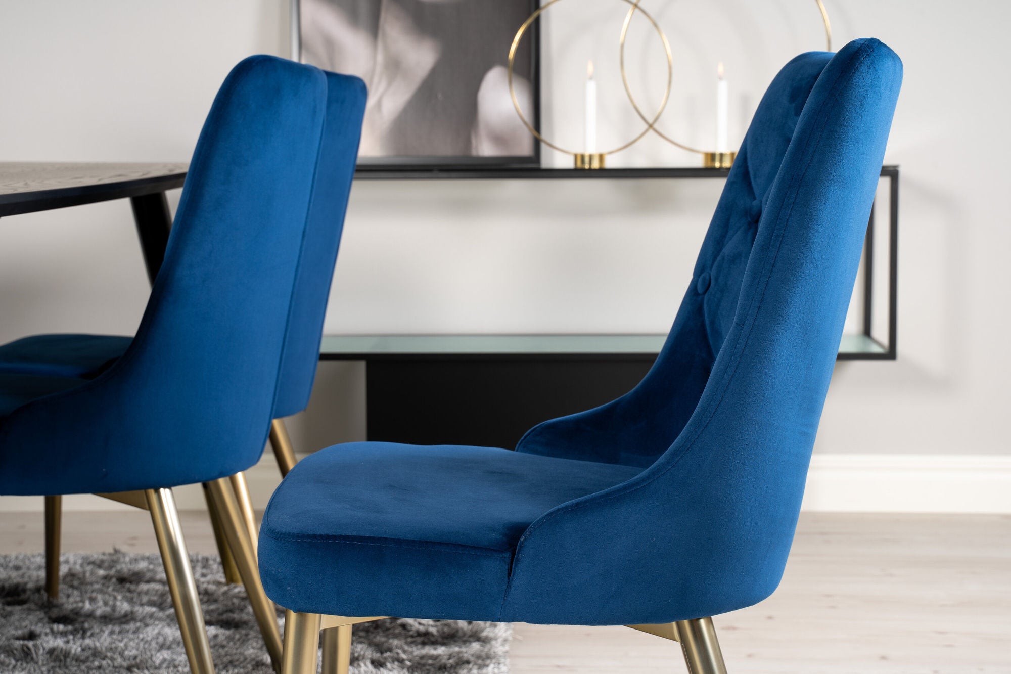Venture Home Dipp spisebord - 180*90cm - Black Veneer / black legs w brass dipp - Velvet Deluxe stol - Blue/Matt Brass Leg 6