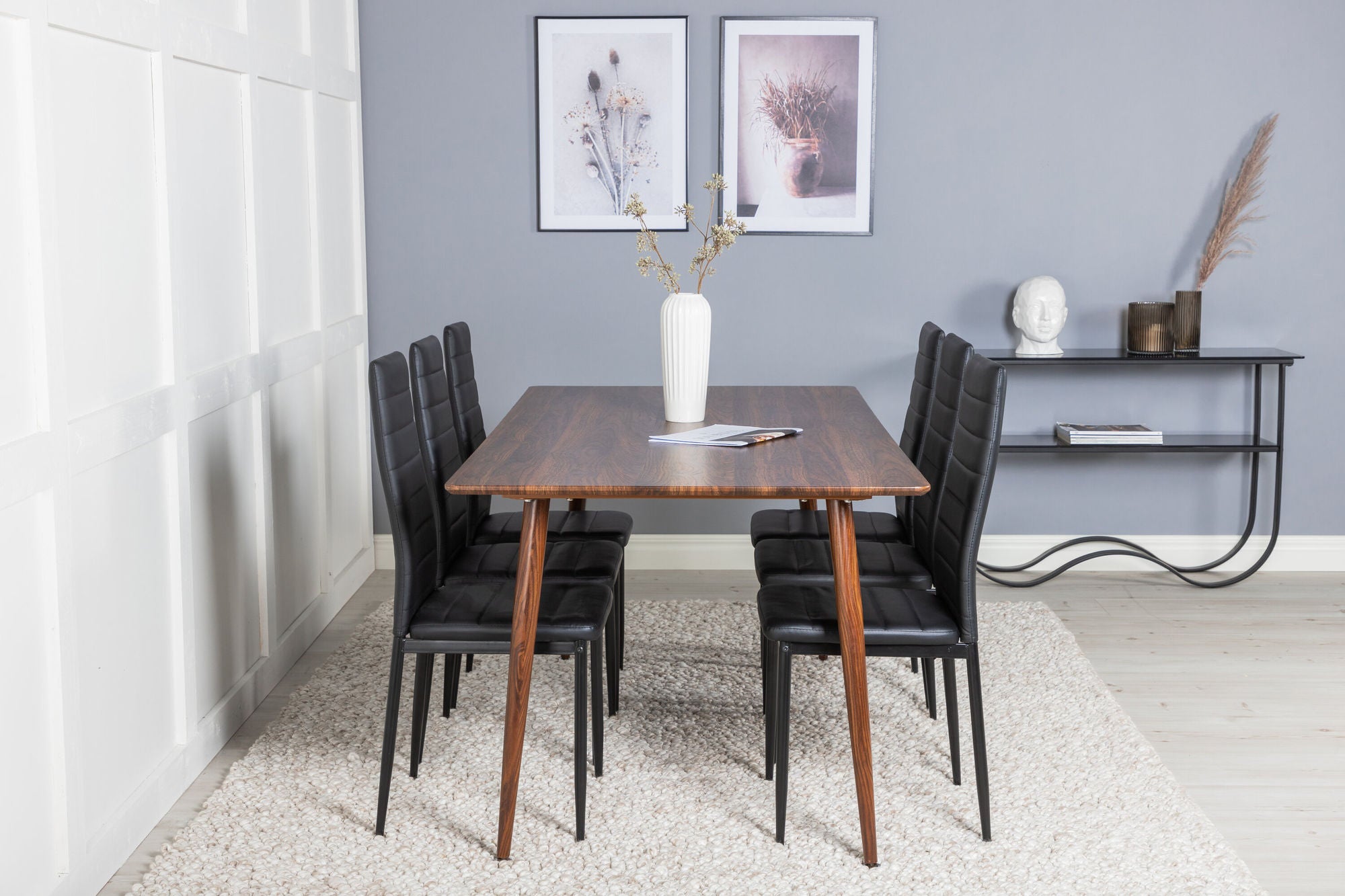 Venture Home Polar spisebord 180 cm - Walnut top - Walnut Legs+Slim High Back Spisebordsstol - Black Legs - Black PU_6