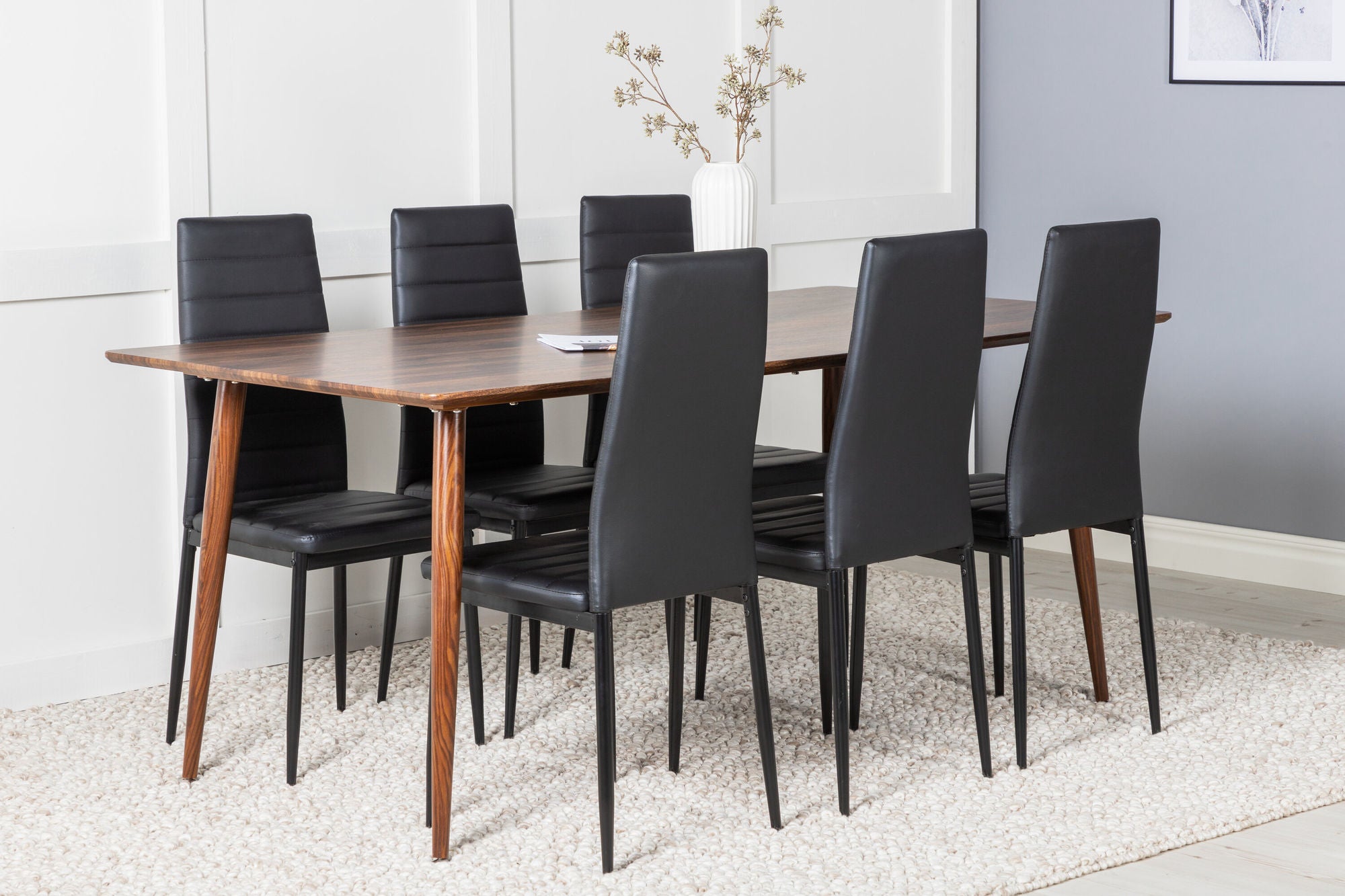 Venture Home Polar spisebord 180 cm - Walnut top - Walnut Legs+Slim High Back Spisebordsstol - Black Legs - Black PU_6
