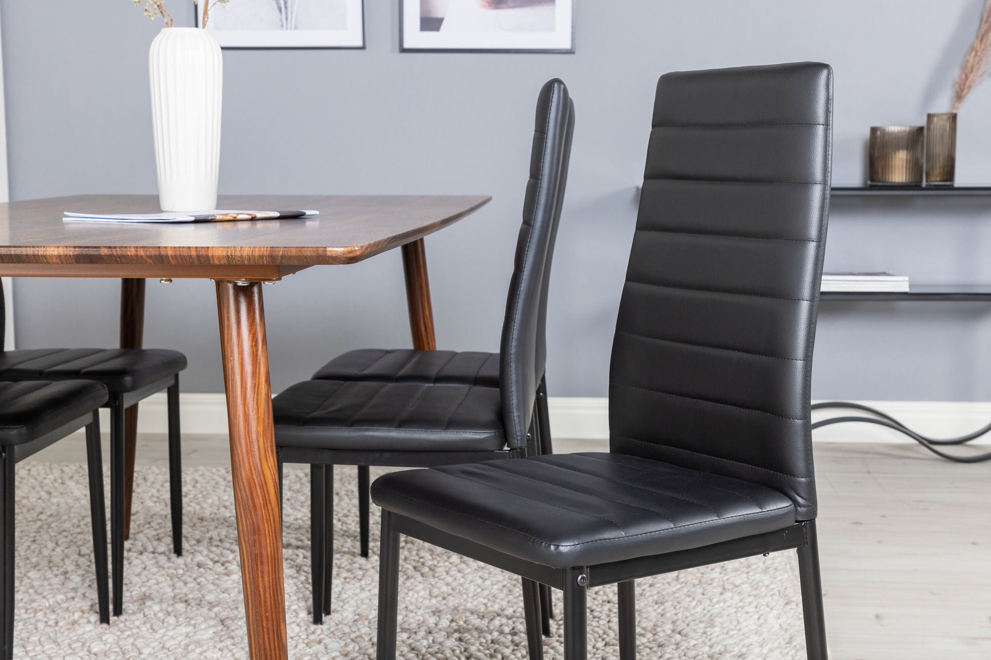 Venture Home Polar spisebord 180 cm - Walnut top - Walnut Legs+Slim High Back Spisebordsstol - Black Legs - Black PU_6