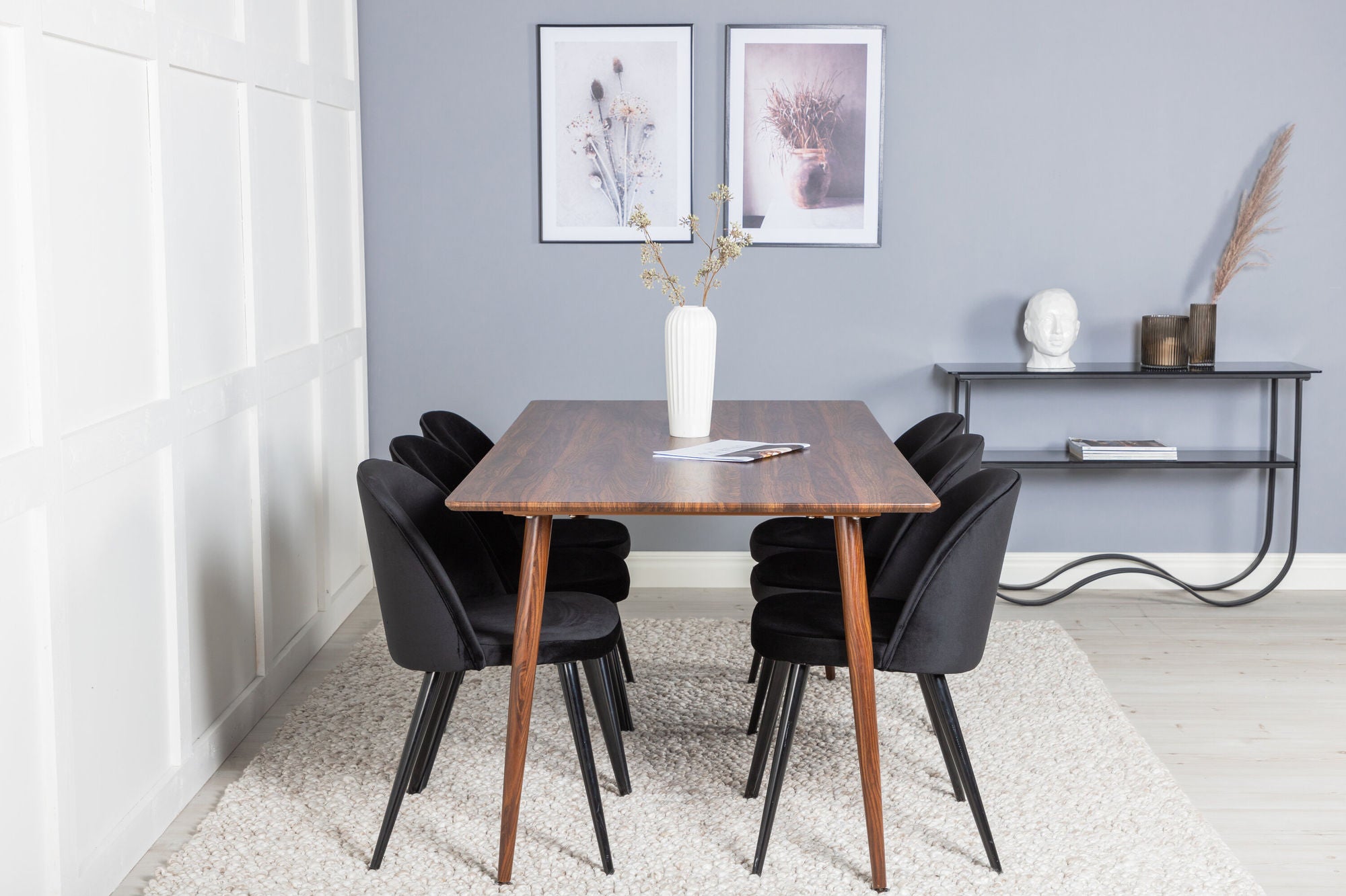Venture Home Polar spisebord 180 cm - Walnut top - Walnut Legs+Velvet Spisebordsstol - Black / Black_6