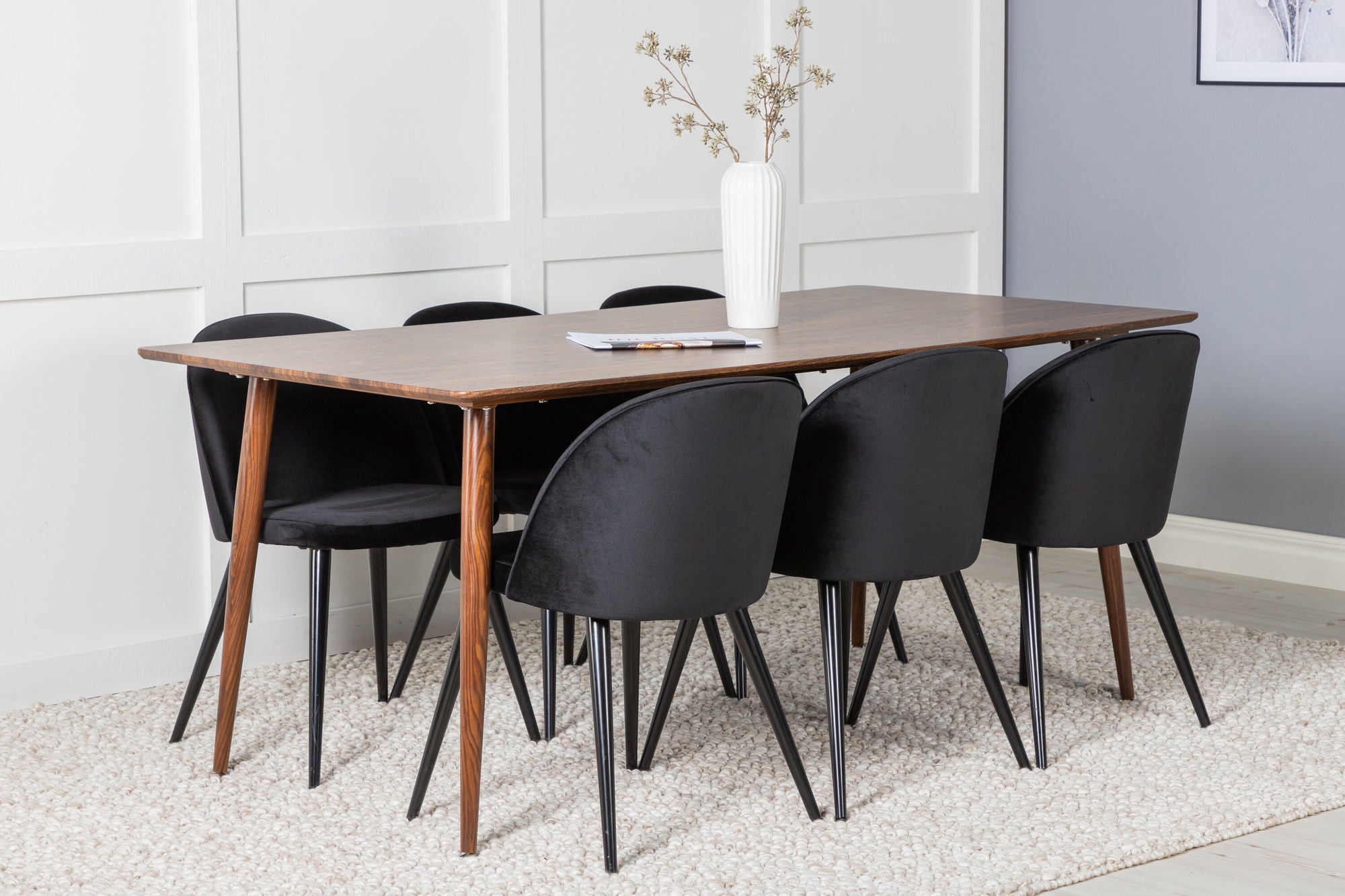Venture Home Polar spisebord 180 cm - Walnut top - Walnut Legs+Velvet Spisebordsstol - Black / Black_6
