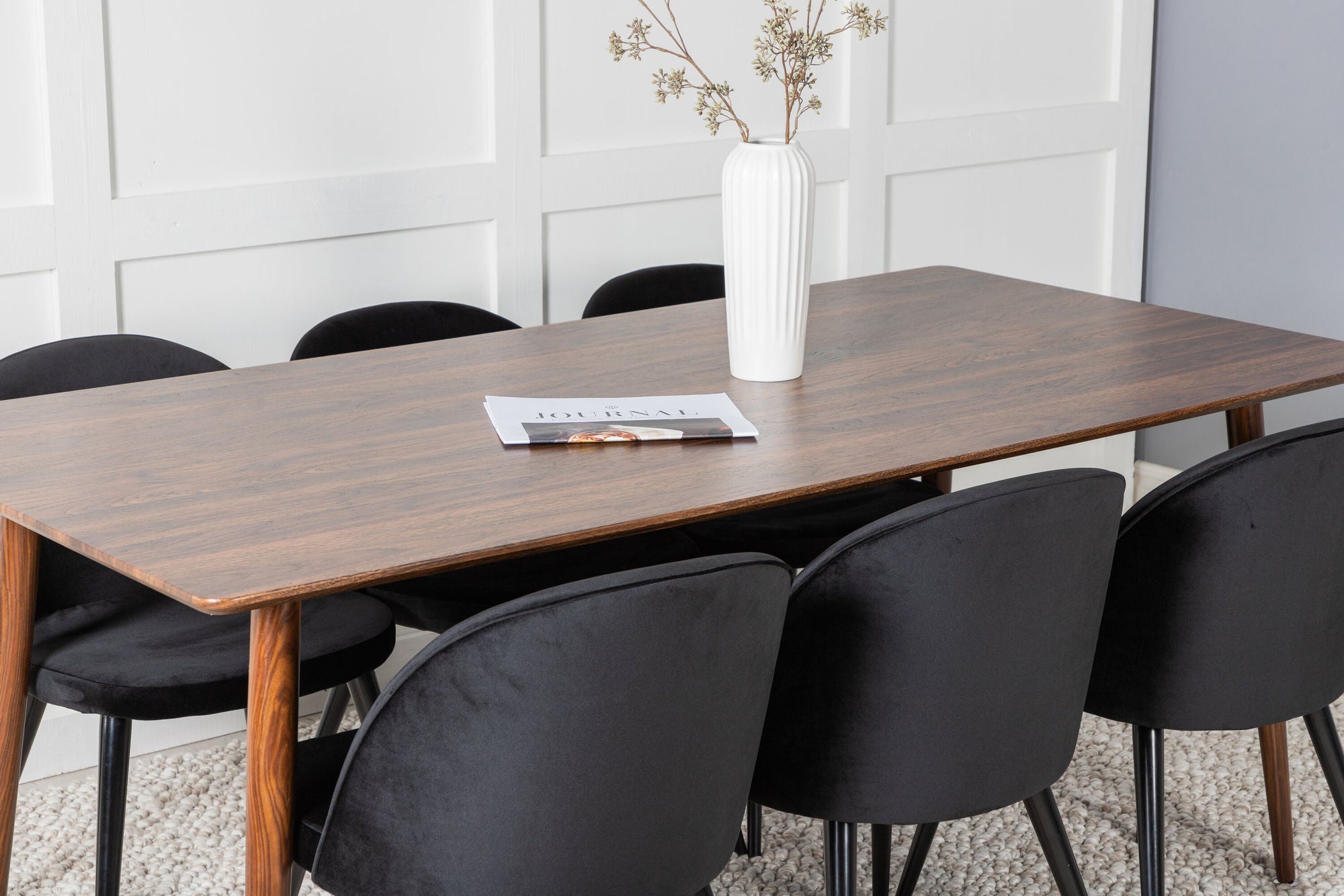 Venture Home Polar spisebord 180 cm - Walnut top - Walnut Legs+Velvet Spisebordsstol - Black / Black_6
