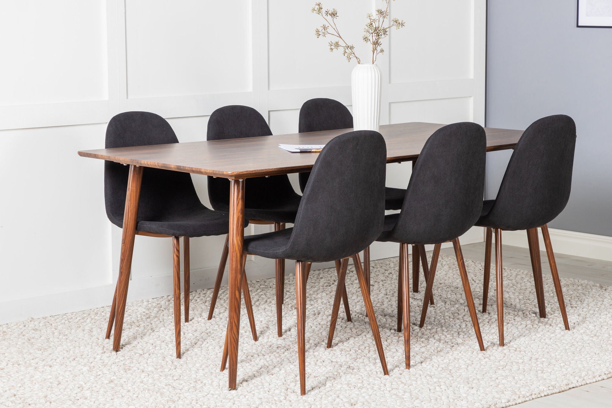 Venture Home Polar spisebord 180 cm - Walnut top - Walnut Legs+Polar Spisebordsstol - Walnut Legs - Black Fabric_6