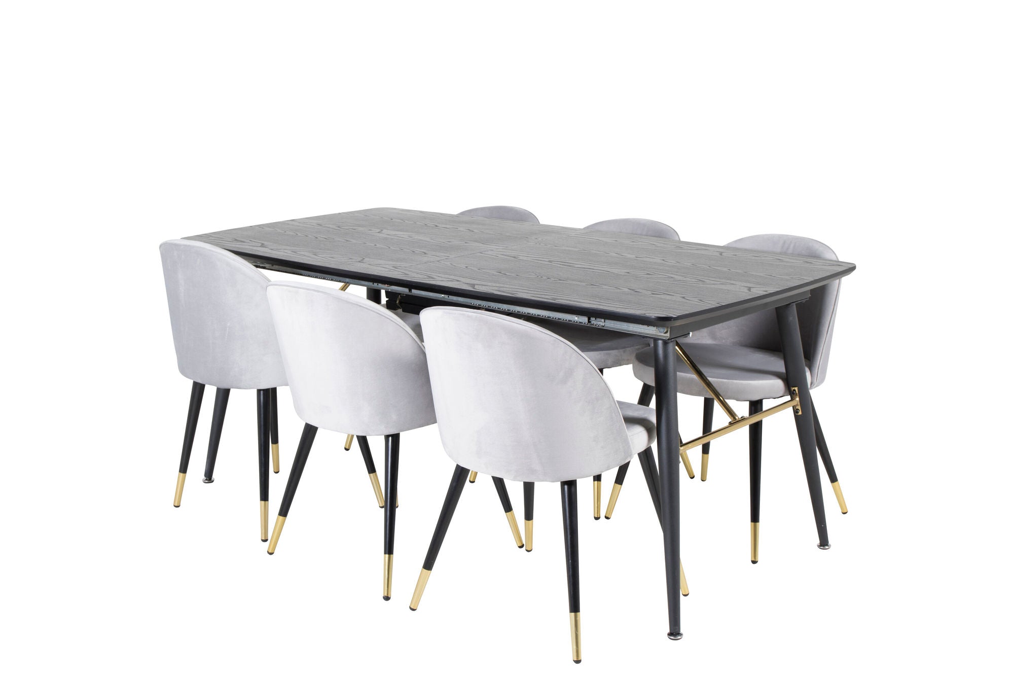 Venture Home Gold Extention bord - 180/220*85*H76 Black Veneer - Black legs - Brass details+Velvet Spisebordsstol Brass - Light Grey / Black_6