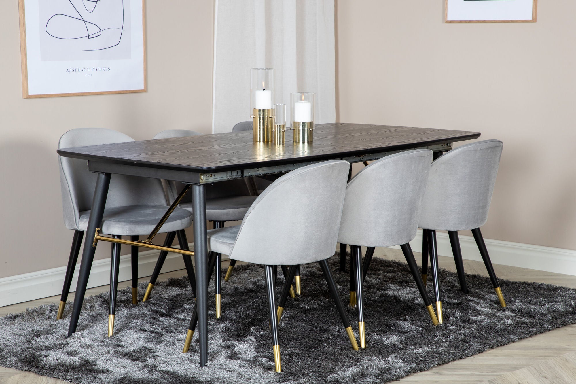 Venture Home Gold Extention bord - 180/220*85*H76 Black Veneer - Black legs - Brass details+Velvet Spisebordsstol Brass - Light Grey / Black_6