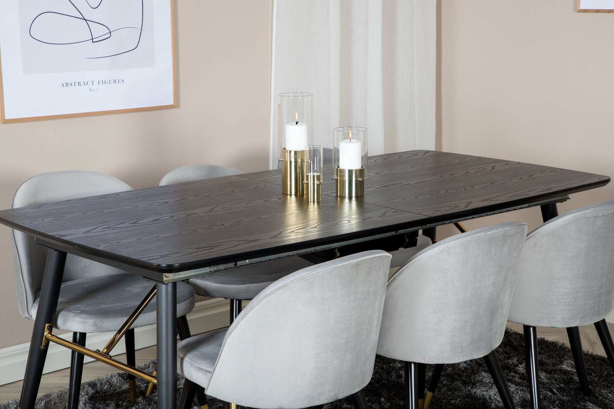 Venture Home Gold Extention bord - 180/220*85*H76 Black Veneer - Black legs - Brass details+Velvet Spisebordsstol Brass - Light Grey / Black_6