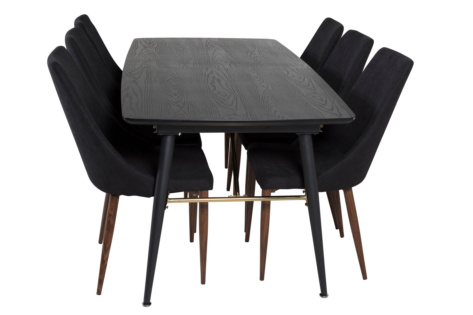 Venture Home Gold Extention bord - 180/220*85*H76 Black Veneer - Black legs - Brass details+Leone Spisebordsstol - Walnut legs - Black Fabric_6