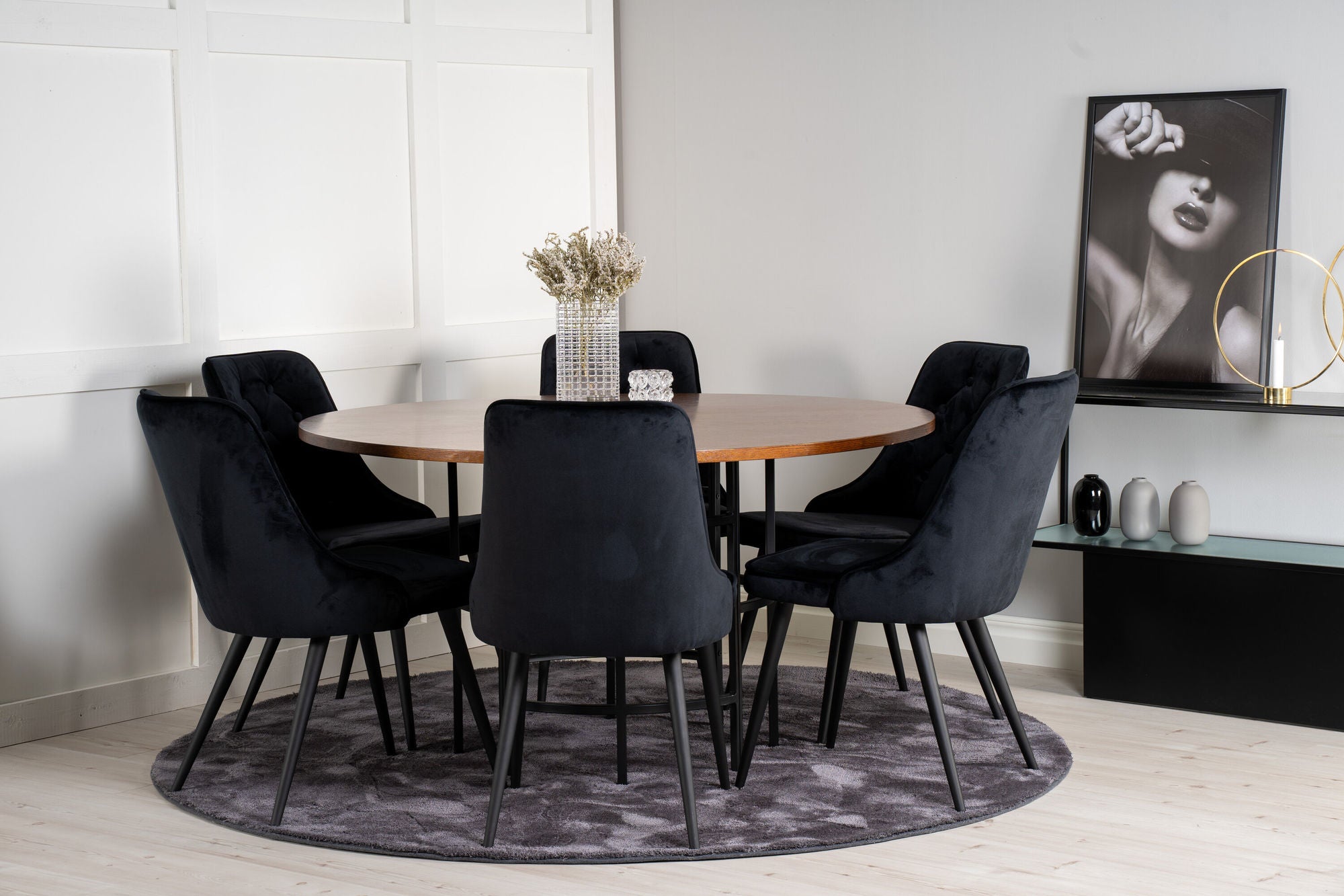 Venture Home Copenhagen - spisebord round - Brown / Black+Velvet Deluxe Spisebordsstol - Black legs / Black velvet_6