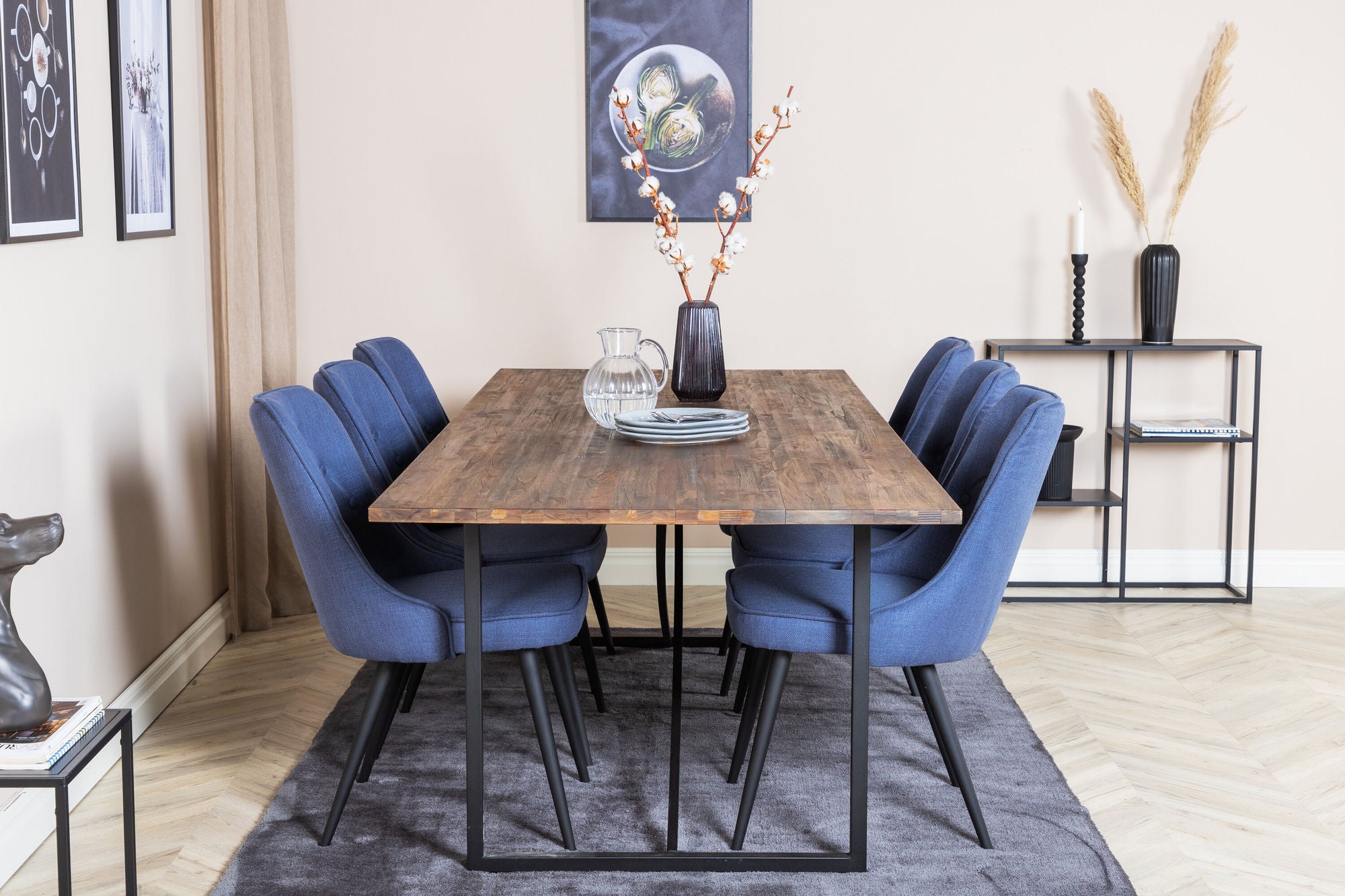 Venture Home Padang spisebord - 250*100*H76 - Dark Teak / Black+Velvet Deluxe Spisebordsstol - Black Legs - Blue Fabric_6