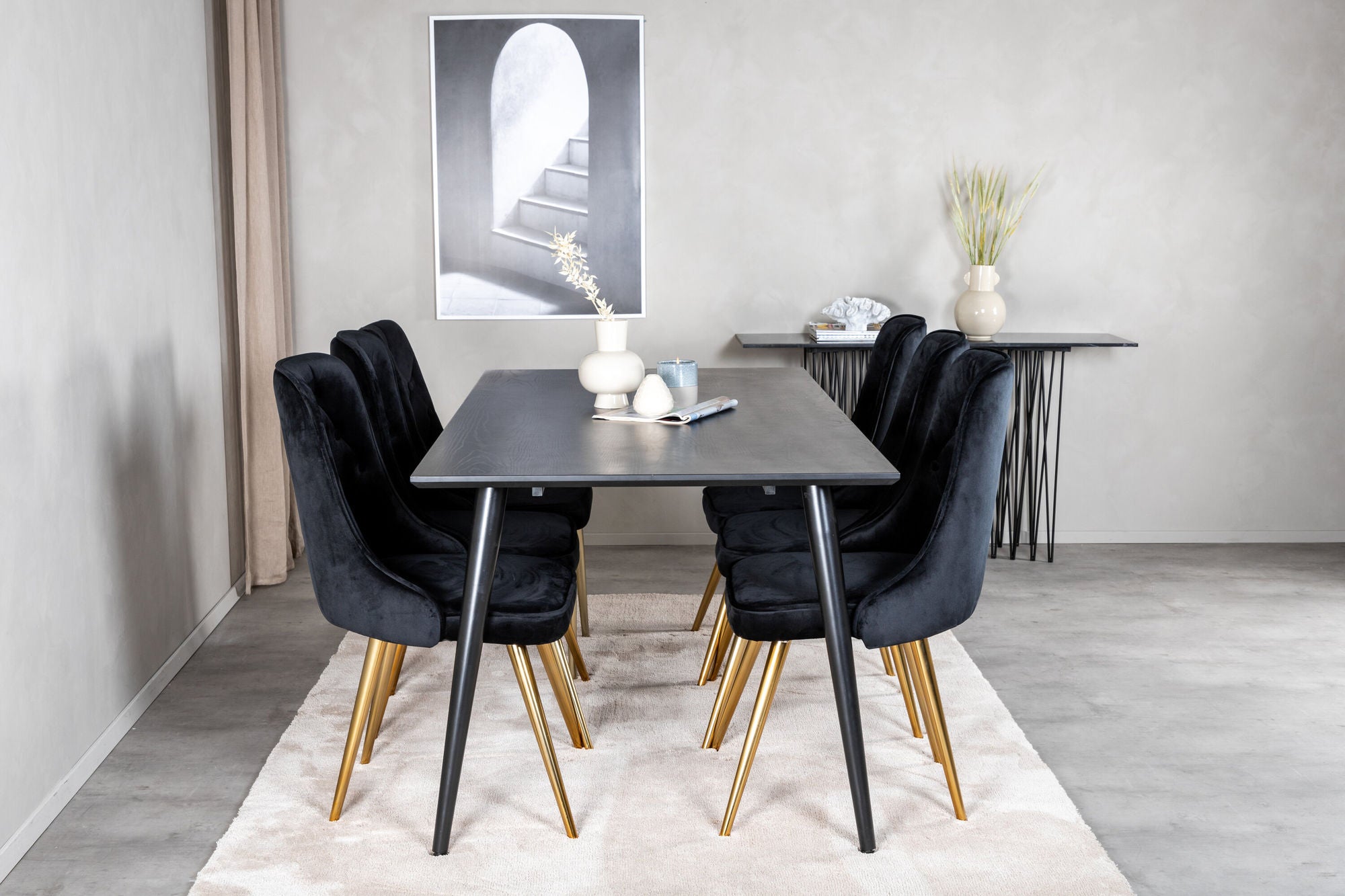 Venture Home Dipp spisebord - 180*90cm - Black Veneer / all black legs +Velvet Deluxe Spisebordsstol - Black / Brass_6