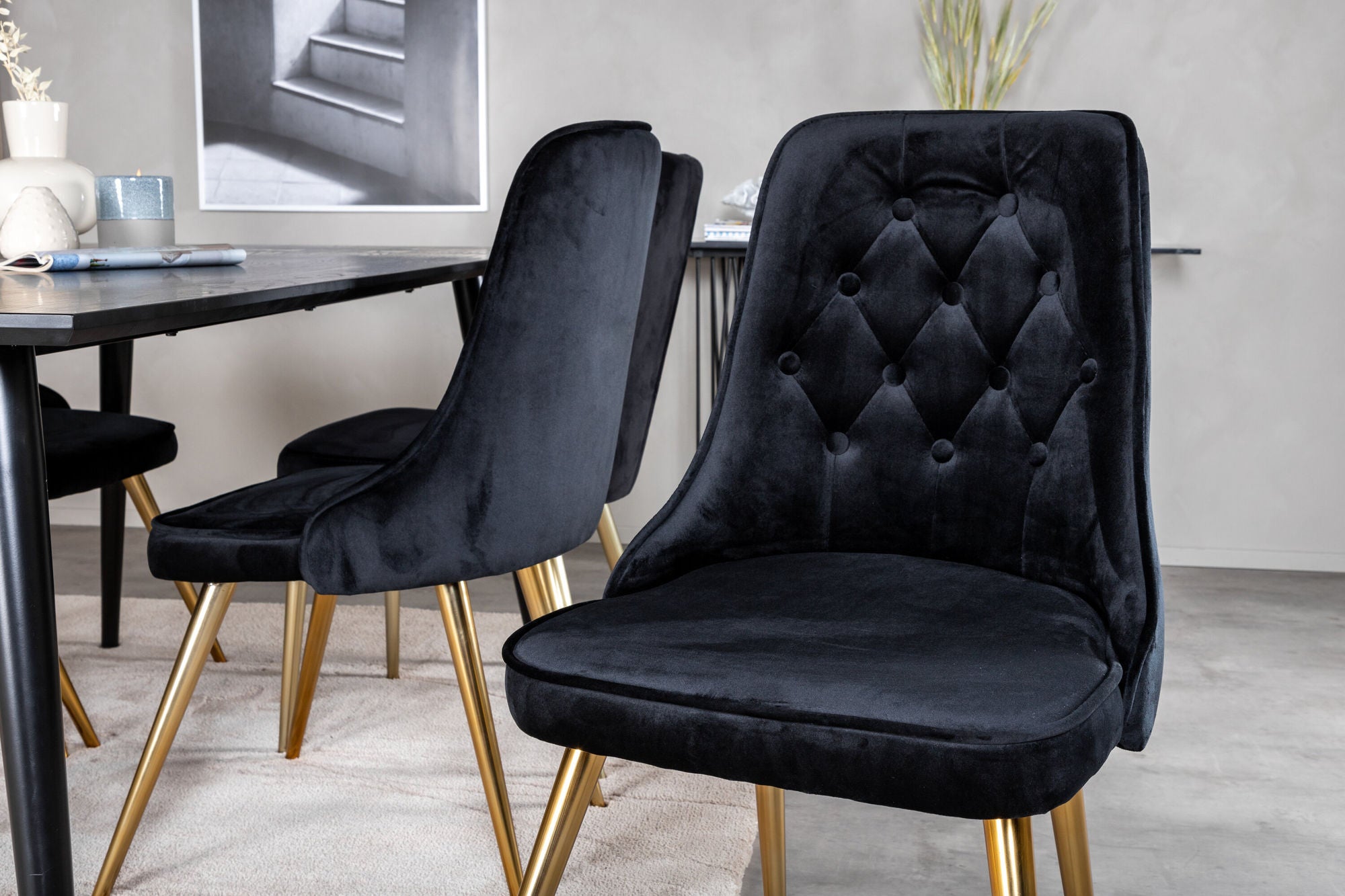 Venture Home Dipp spisebord - 180*90cm - Black Veneer / all black legs +Velvet Deluxe Spisebordsstol - Black / Brass_6