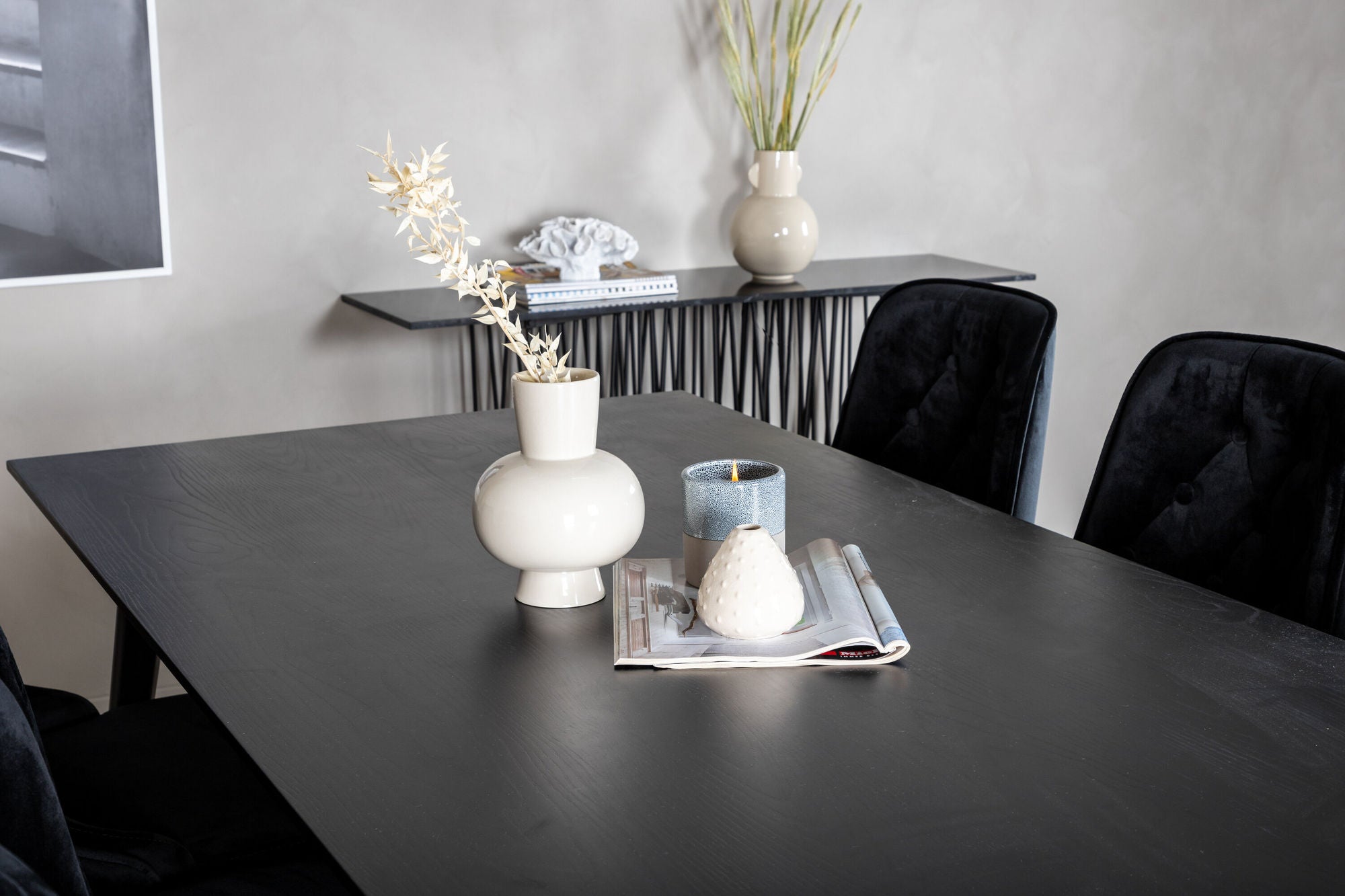 Venture Home Dipp spisebord - 180*90cm - Black Veneer / all black legs +Velvet Deluxe Spisebordsstol - Black / Brass_6