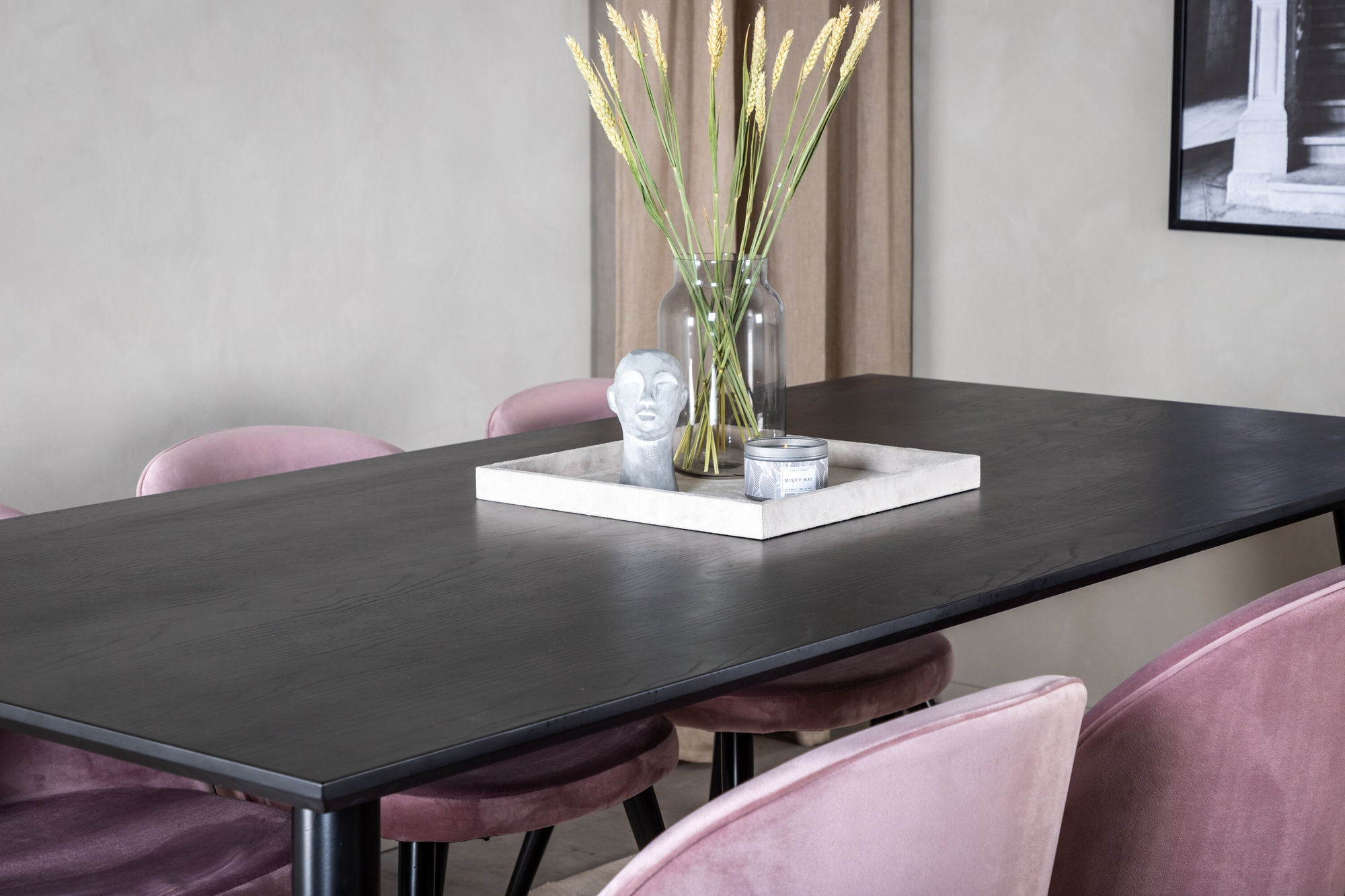 Venture Home Dipp spisebord - 180*90cm - Black Veneer / all black legs +Velvet Spisebordsstol Brass - Pink / Black_6