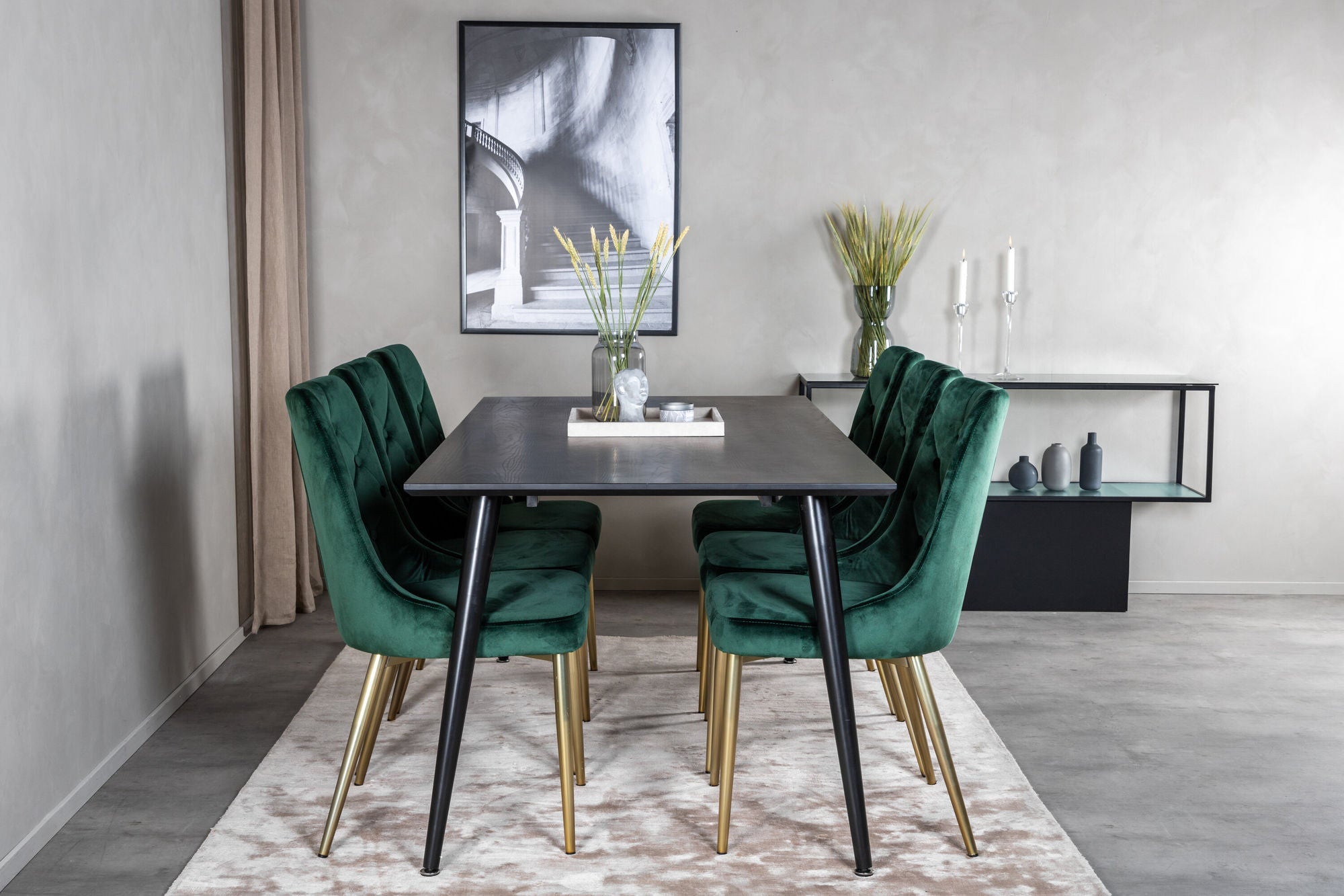 Venture Home Dipp spisebord - 180*90cm - Black Veneer / all black legs +Velvet Deluxe Spisebordsstol - Green / Brass_6