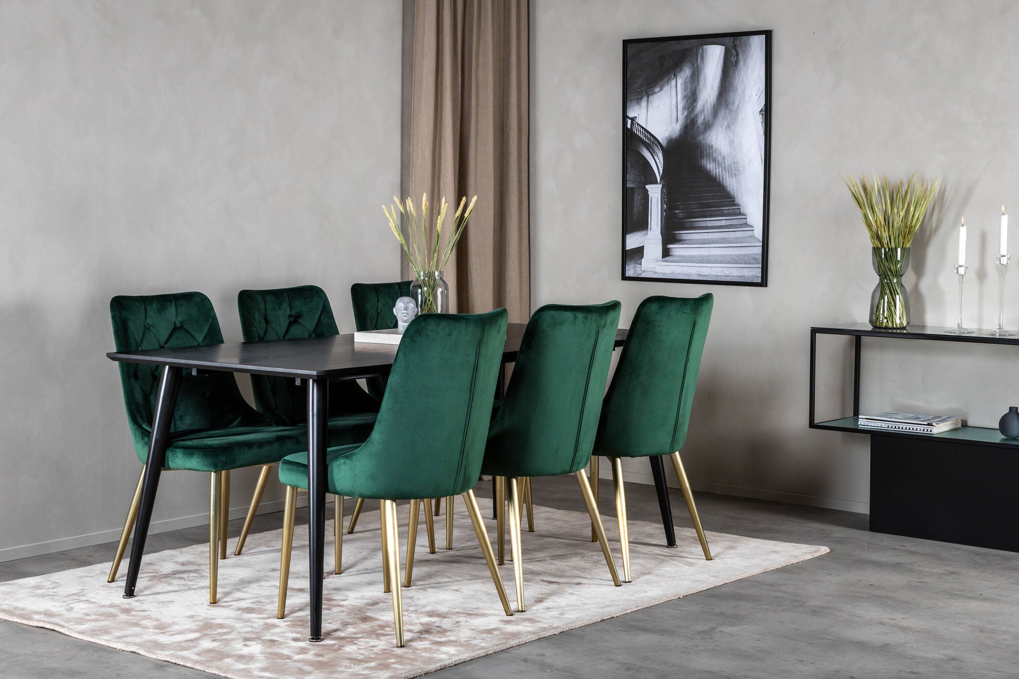 Venture Home Dipp spisebord - 180*90cm - Black Veneer / all black legs +Velvet Deluxe Spisebordsstol - Green / Brass_6