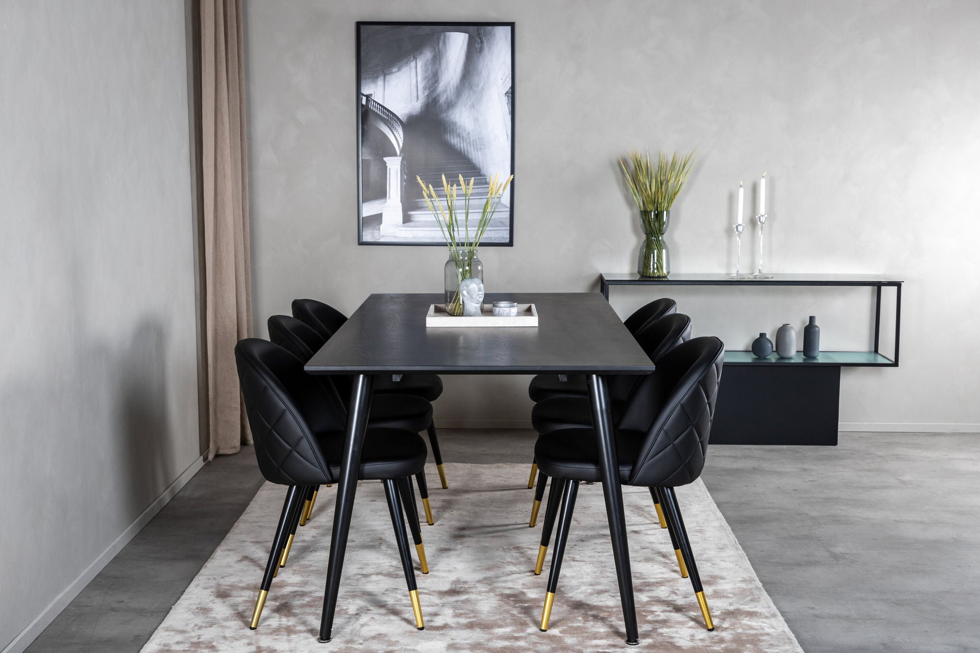 Venture Home Dipp spisebord - 180*90cm - Black Veneer / all black legs +Velvet Spisebordsstol w. Stiches - PU - Black / Black_6