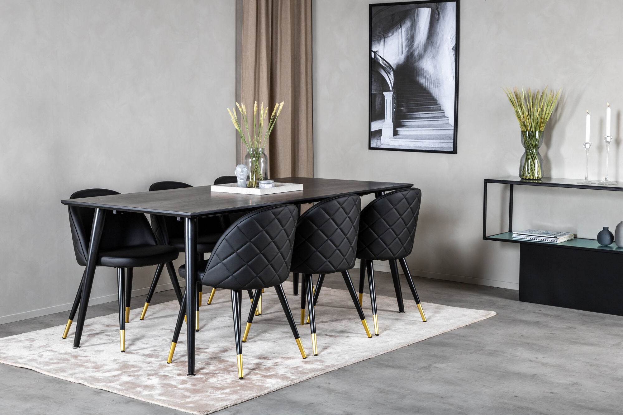 Venture Home Dipp spisebord - 180*90cm - Black Veneer / all black legs +Velvet Spisebordsstol w. Stiches - PU - Black / Black_6