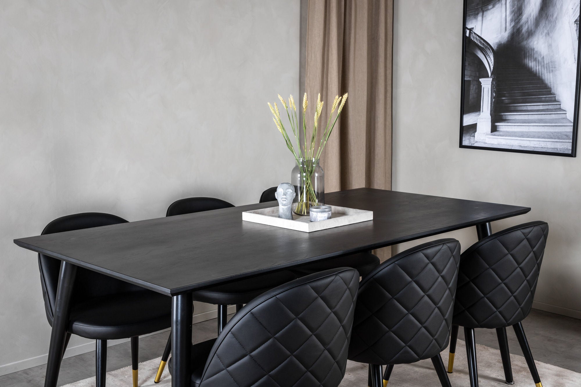 Venture Home Dipp spisebord - 180*90cm - Black Veneer / all black legs +Velvet Spisebordsstol w. Stiches - PU - Black / Black_6