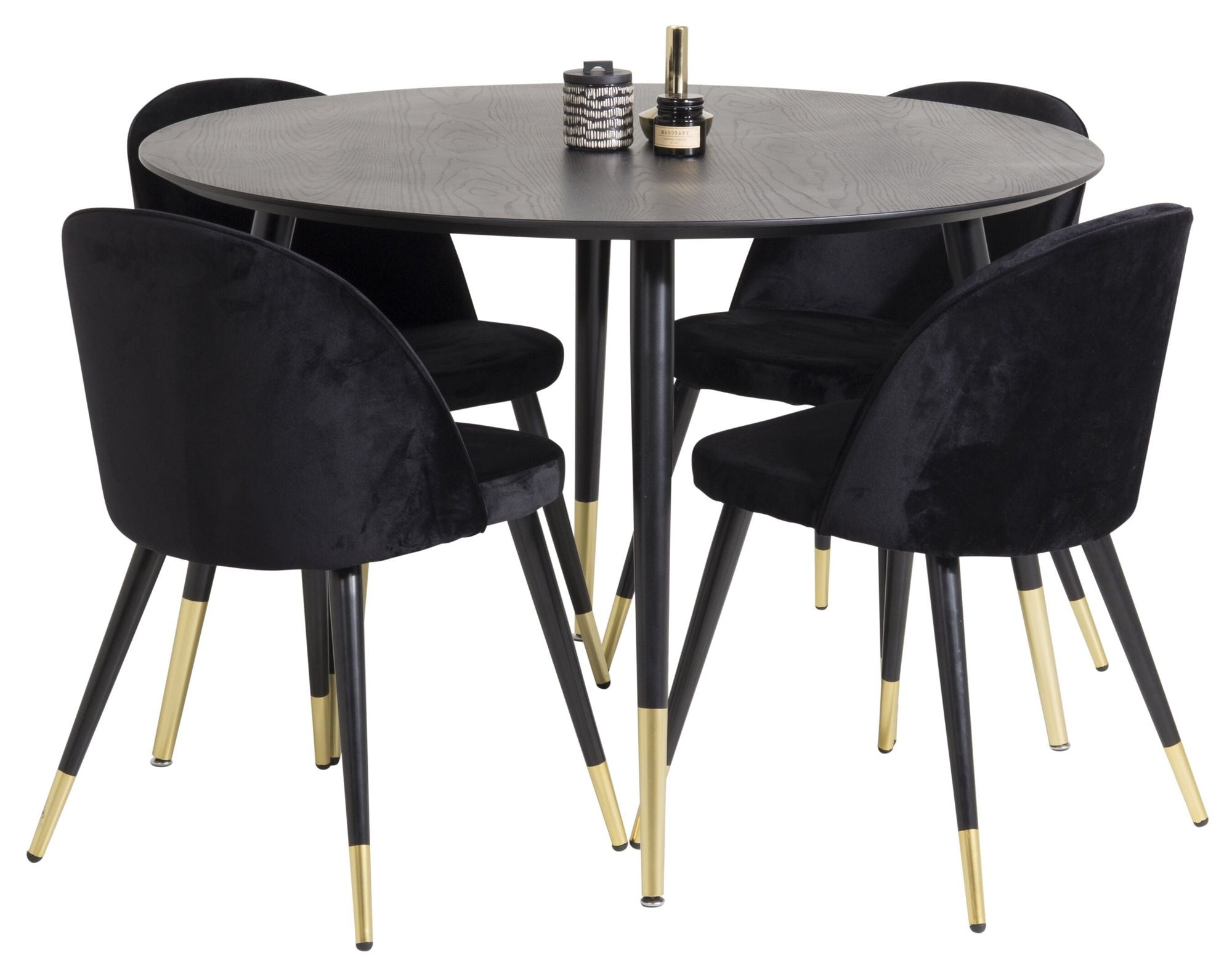 Venture Home Dipp spisebord - 115cm - Black Veneer / black legs w brass dipp - Velvet Spisebordsstol Brass - Black / Black 4