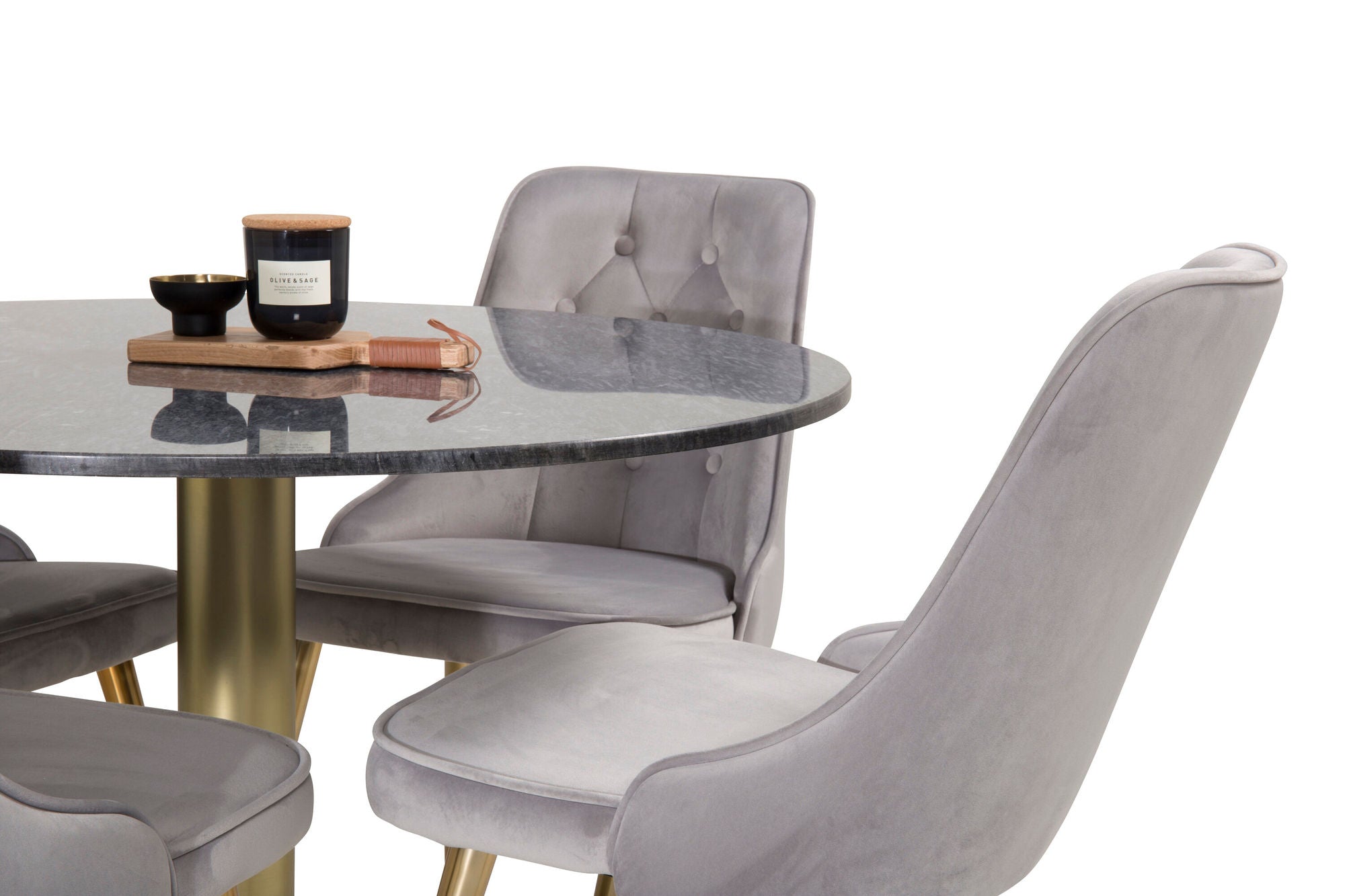 Venture Home Estelle spisebord round 106cm Grey Marble / Brass - Velvet Deluxe Spisebordsstol - Brushed brass leg / Light Grey Velvet 4