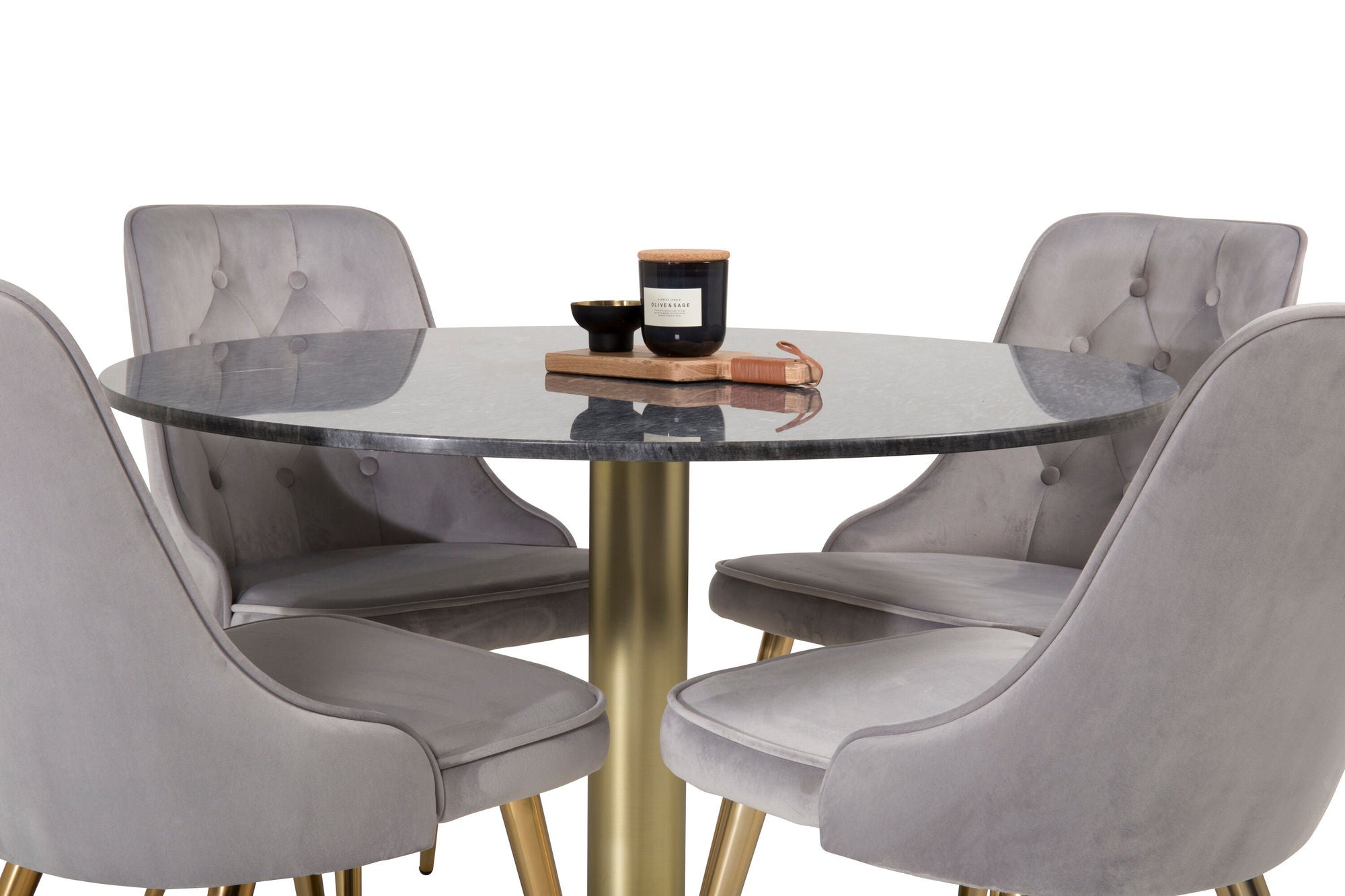 Venture Home Estelle spisebord round 106cm Grey Marble / Brass - Velvet Deluxe Spisebordsstol - Brushed brass leg / Light Grey Velvet 4