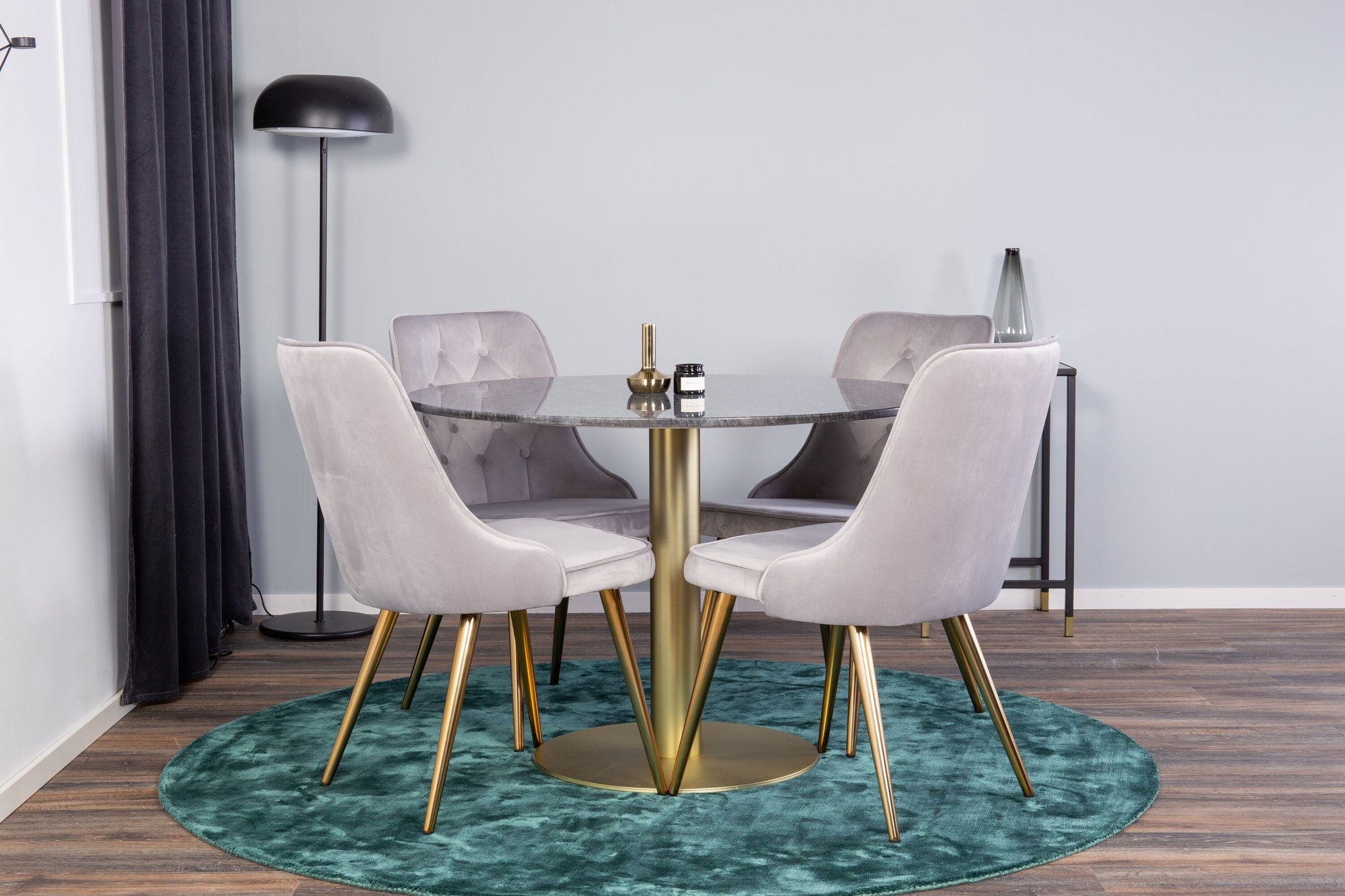 Venture Home Estelle spisebord round 106cm Grey Marble / Brass - Velvet Deluxe Spisebordsstol - Brushed brass leg / Light Grey Velvet 4