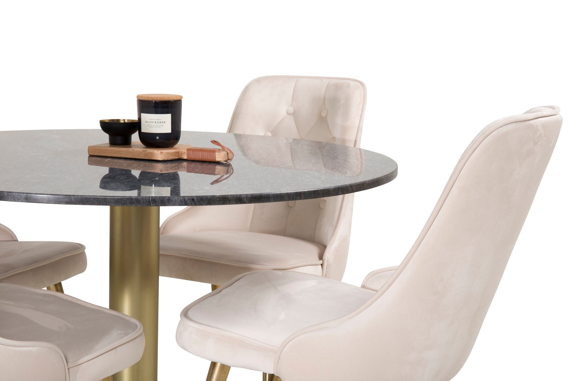 Venture Home Estelle spisebord round 106cm Grey Marble / Brass - Velvet Deluxe Spisebordsstol - Brushed brass leg / Beige Velvet 4