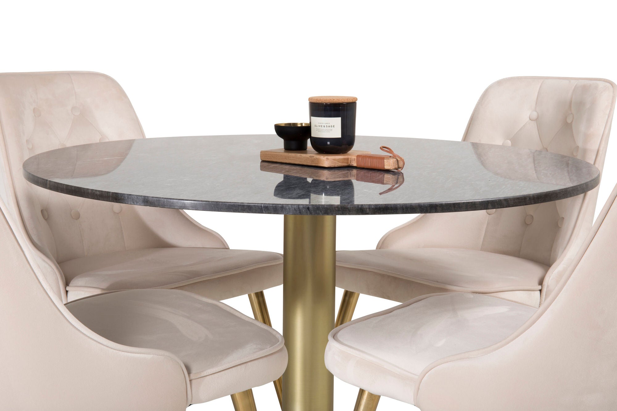 Venture Home Estelle spisebord round 106cm Grey Marble / Brass - Velvet Deluxe Spisebordsstol - Brushed brass leg / Beige Velvet 4