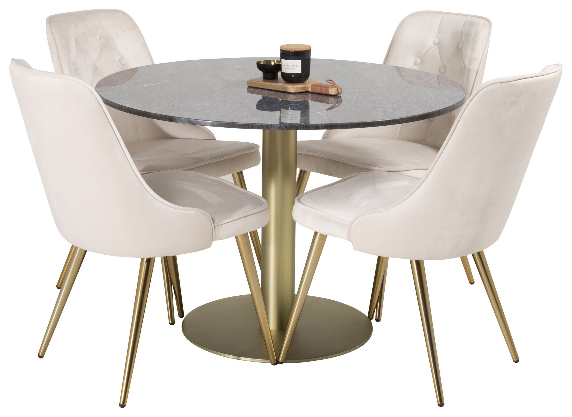 Venture Home Estelle spisebord round 106cm Grey Marble / Brass - Velvet Deluxe Spisebordsstol - Brushed brass leg / Beige Velvet 4