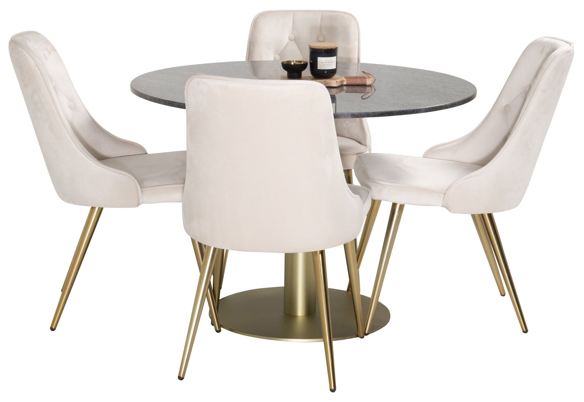 Venture Home Estelle spisebord round 106cm Grey Marble / Brass - Velvet Deluxe Spisebordsstol - Brushed brass leg / Beige Velvet 4