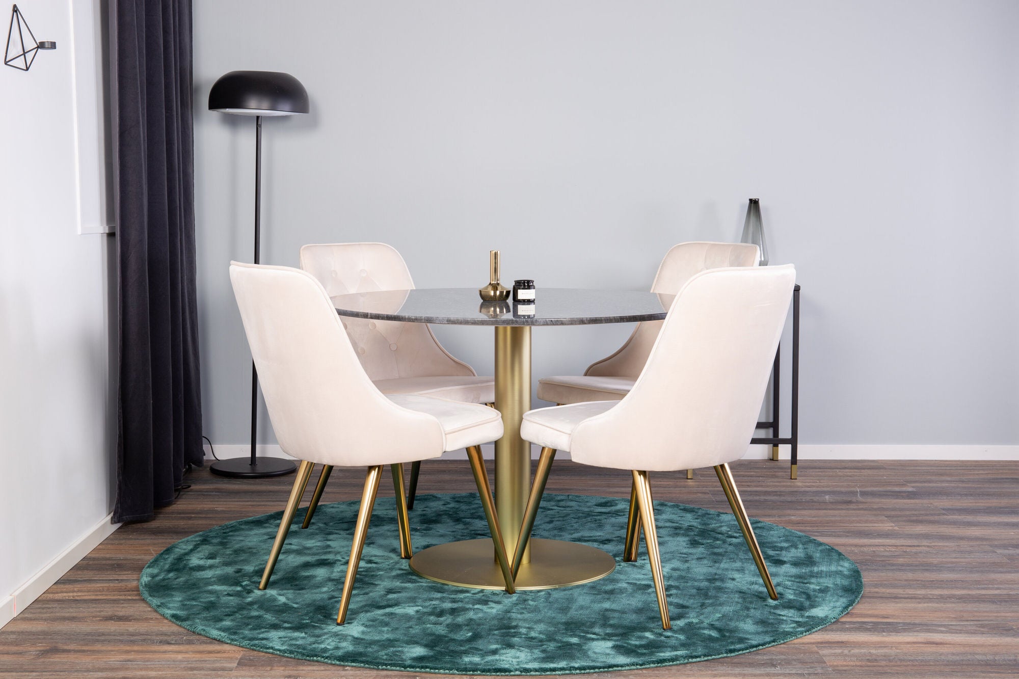 Venture Home Estelle spisebord round 106cm Grey Marble / Brass - Velvet Deluxe Spisebordsstol - Brushed brass leg / Beige Velvet 4