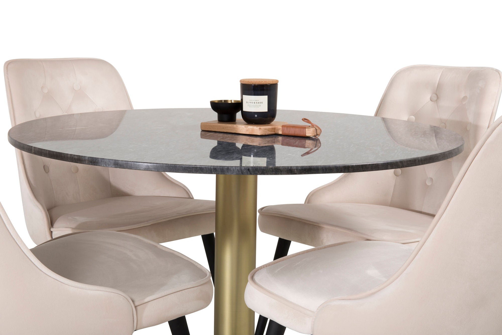 Venture Home Estelle spisebord round 106cm Grey Marble / Brass - Velvet Deluxe Spisebordsstol - Black legs / Beige velvet 4
