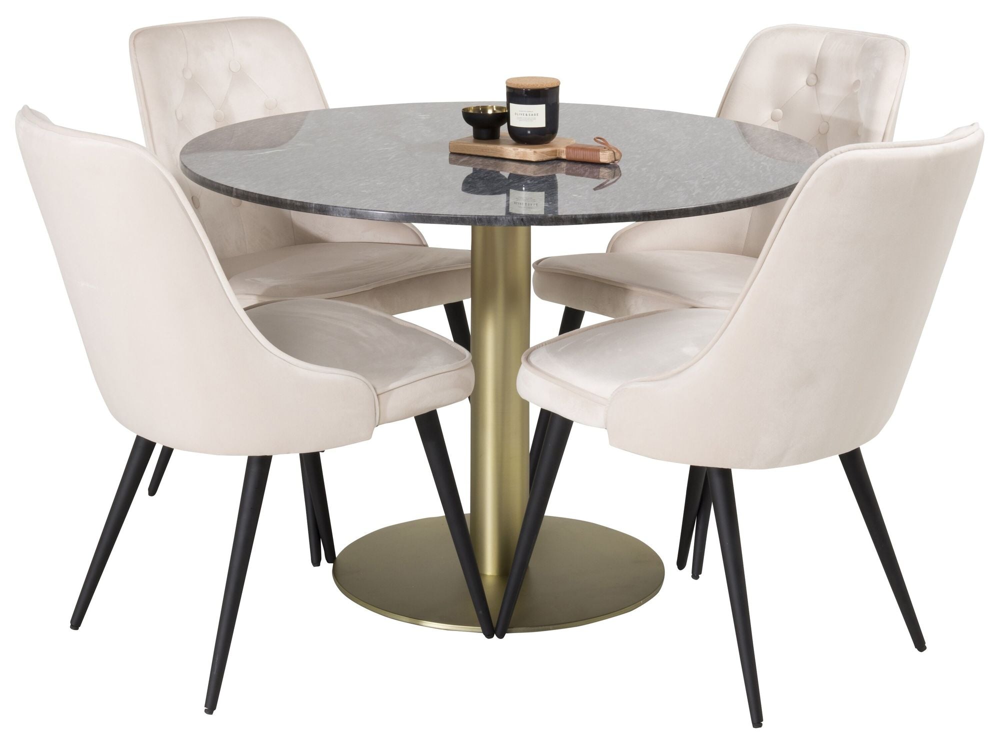 Venture Home Estelle spisebord round 106cm Grey Marble / Brass - Velvet Deluxe Spisebordsstol - Black legs / Beige velvet 4