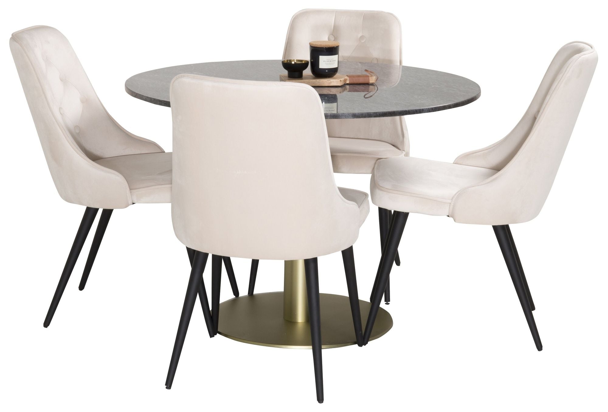Venture Home Estelle spisebord round 106cm Grey Marble / Brass - Velvet Deluxe Spisebordsstol - Black legs / Beige velvet 4