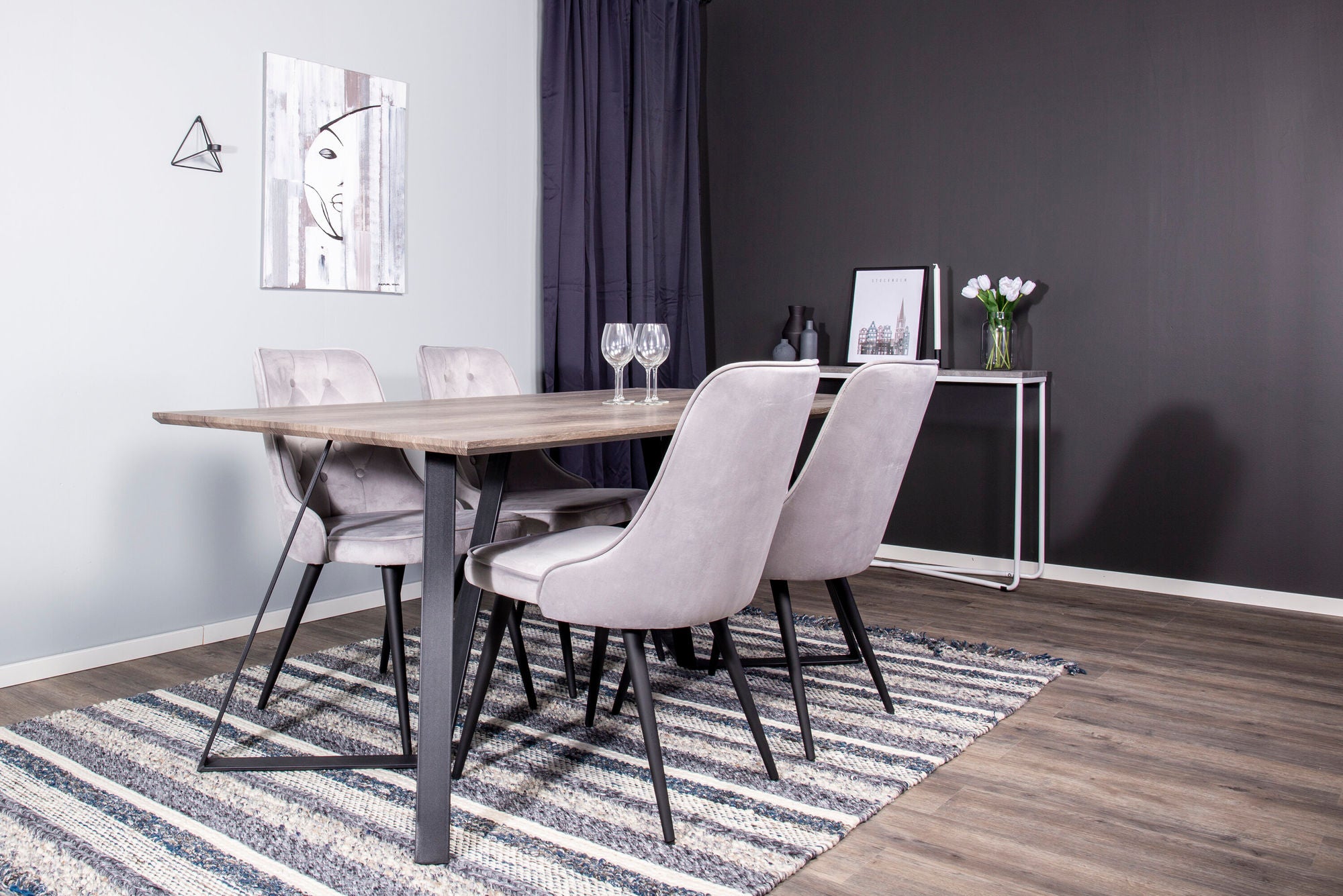 Venture Home Marina Matbord - Svart / Grå Ek - 180*90*H75+Velvet Deluxe Spisebordsstol - Black