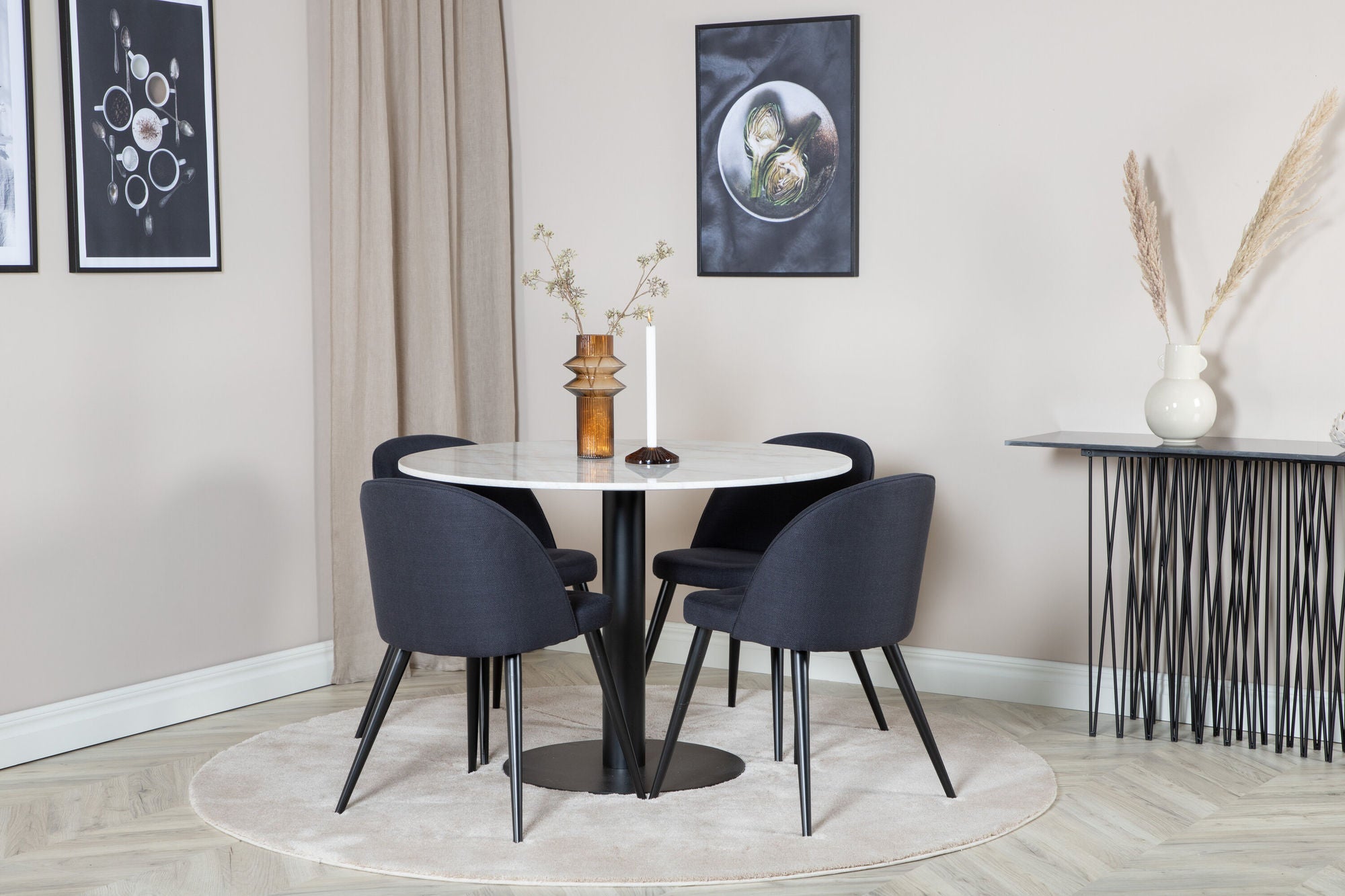 Venture Home Estelle rund spisebord ø106 H75 - White / Black+Velvet Dining Chiar - Blac