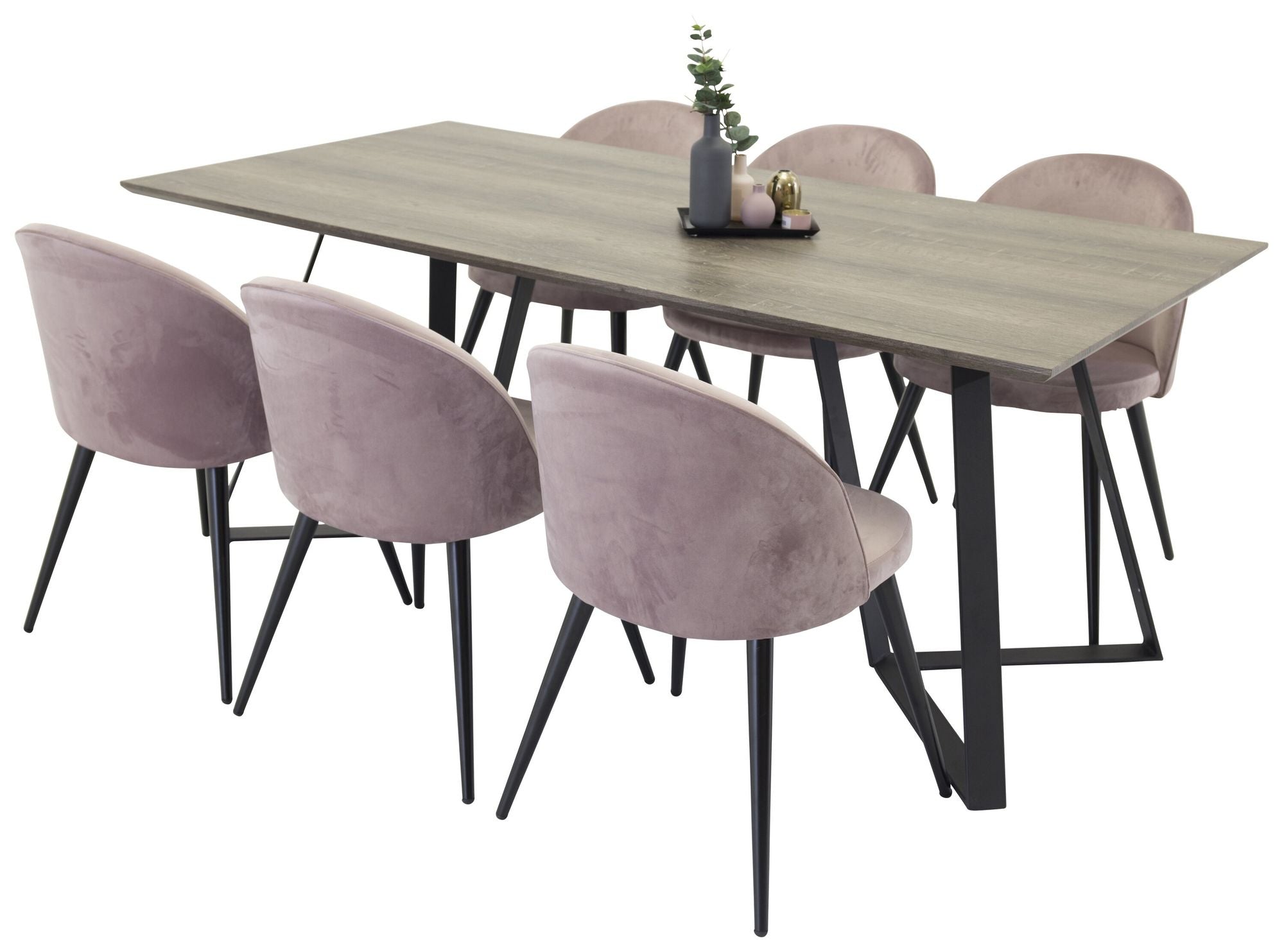 Venture Home Marina spisebord - Grey wood / black (1) + Velvet stol - Dusty Pink(6)