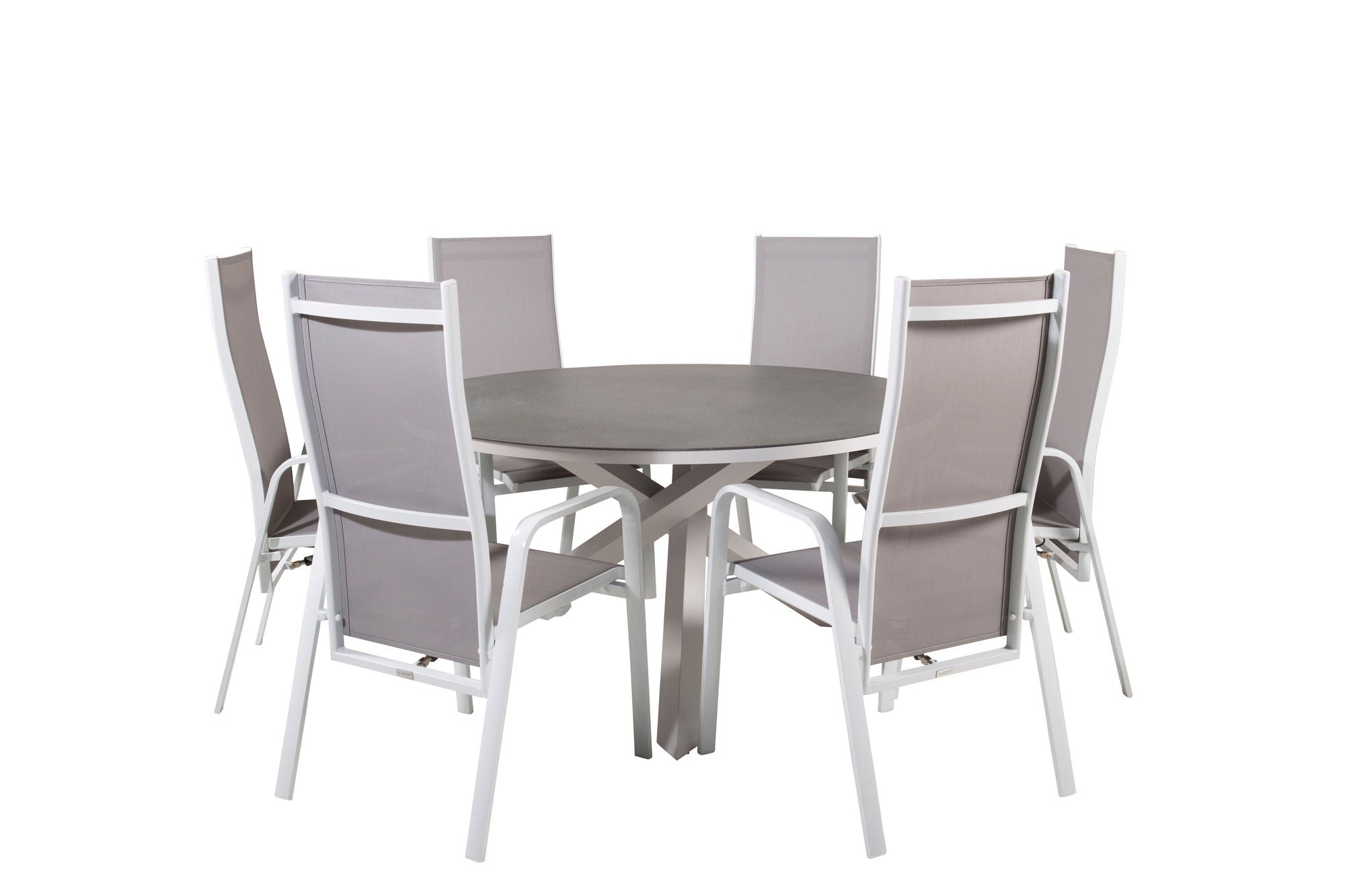 Venture Home Copacabana spisebord ø140 - White Alu / Sprayglass+Copacabana Recliner stol (stackable) - White Alu / Grey Textilene_6