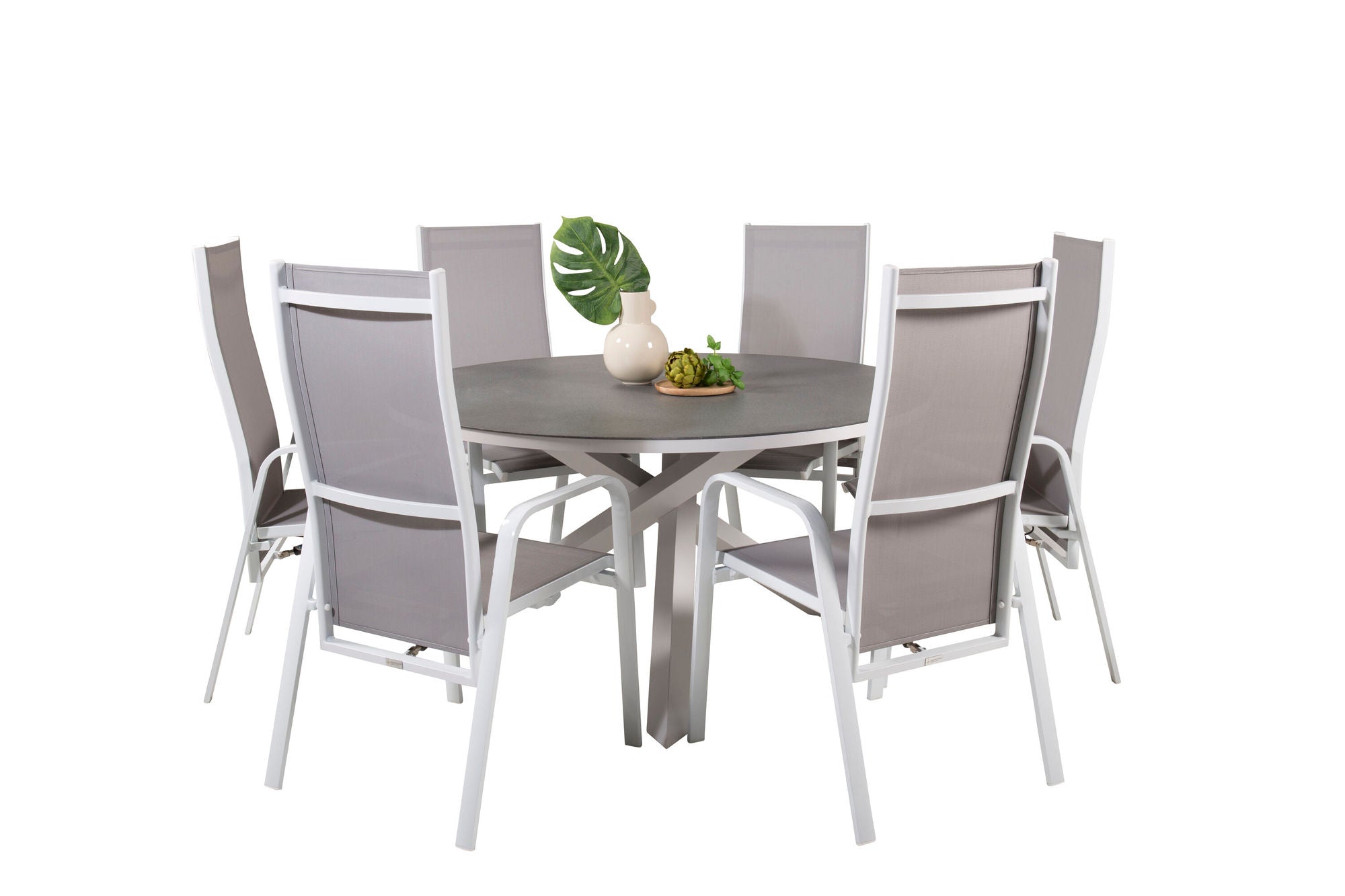 Venture Home Copacabana spisebord ø140 - White Alu / Sprayglass+Copacabana Recliner stol (stackable) - White Alu / Grey Textilene_6
