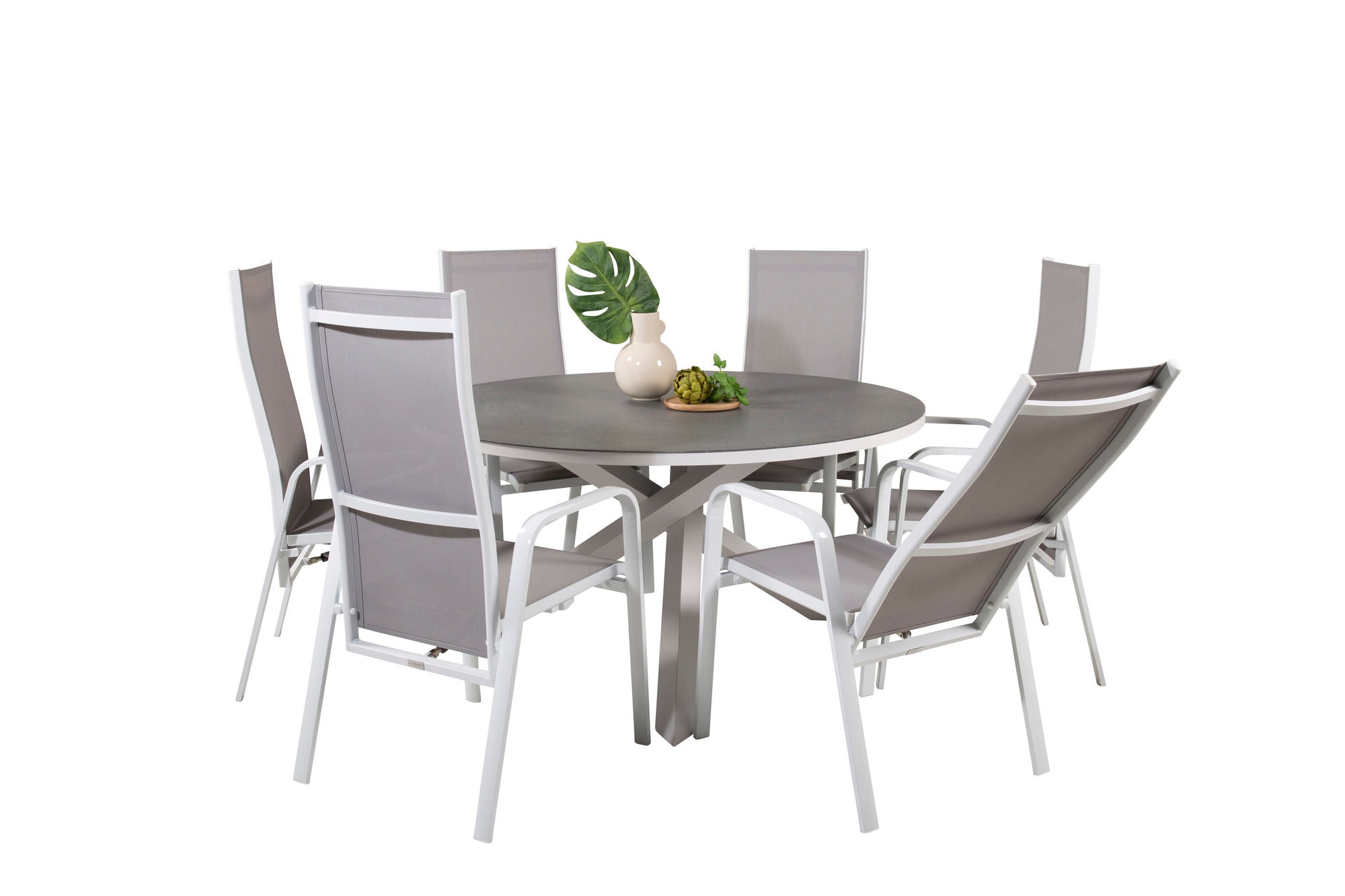 Venture Home Copacabana spisebord ø140 - White Alu / Sprayglass+Copacabana Recliner stol (stackable) - White Alu / Grey Textilene_6