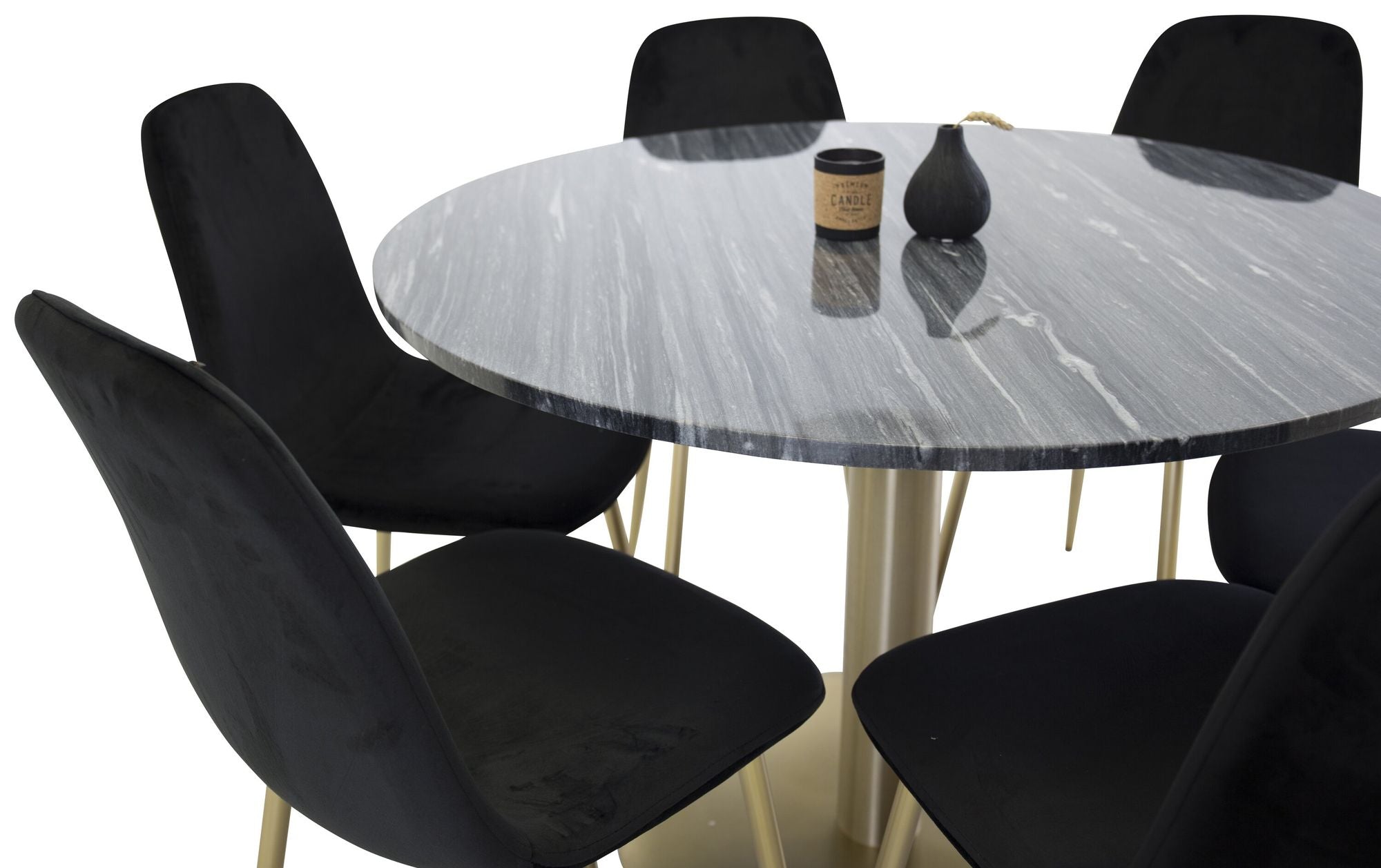 Venture Home Estelle spisebord round 106cm Grey Marble / Brass - Polar stol - Black Velvet / Matt brass leg 6