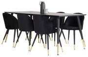Venture Home Dipp spisebord - 180*90cm - Black Veneer / black legs w brass dipp - Velvet Spisebordsstol Brass - Black / Black 6