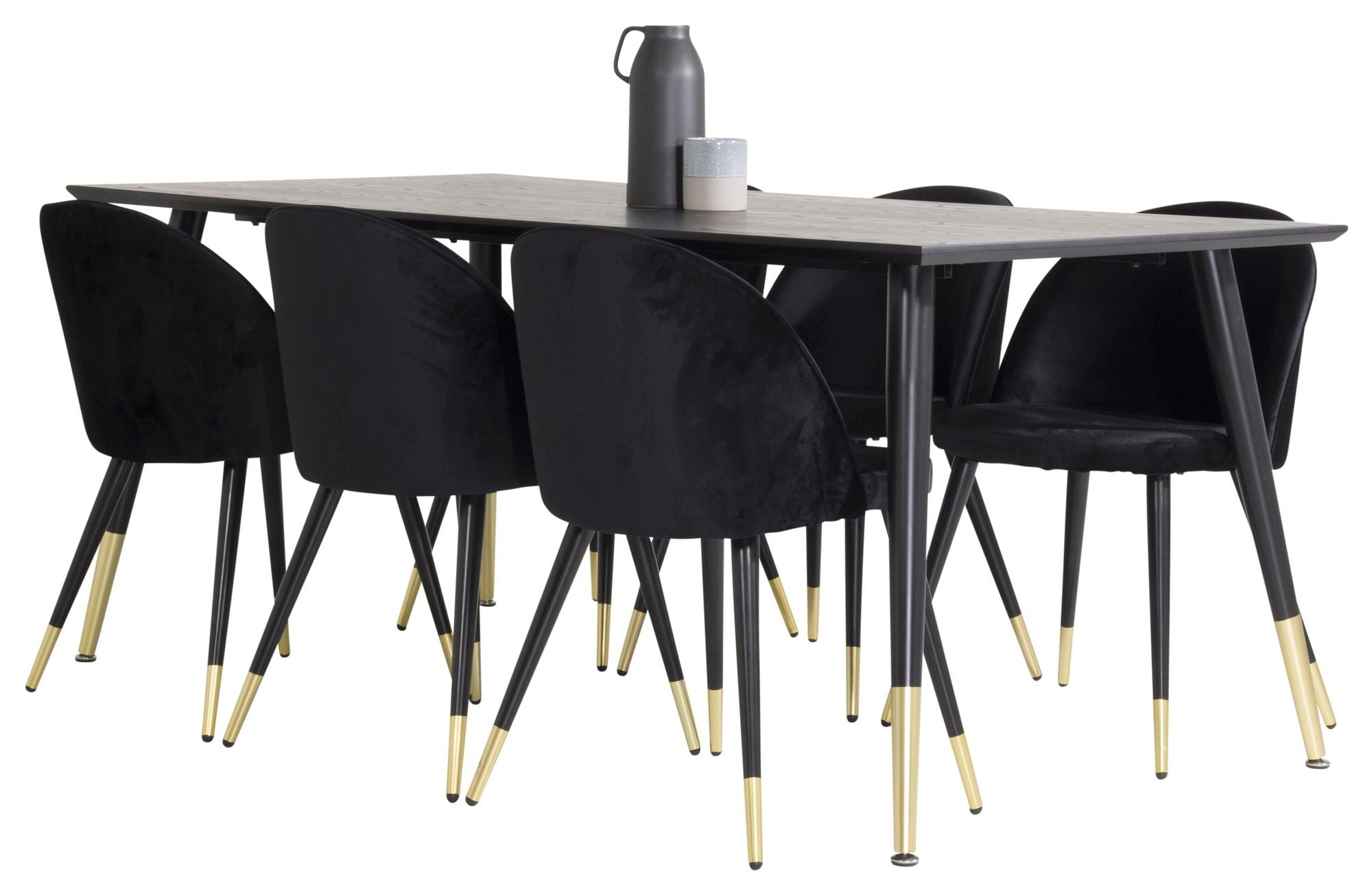 Venture Home Dipp spisebord - 180*90cm - Black Veneer / black legs w brass dipp - Velvet Spisebordsstol Brass - Black / Black 6