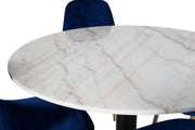 Venture Home Estelle spisebord round 106cm White marble / Black Legs - Polar stol - Blue Velvet / Matt brass leg 4
